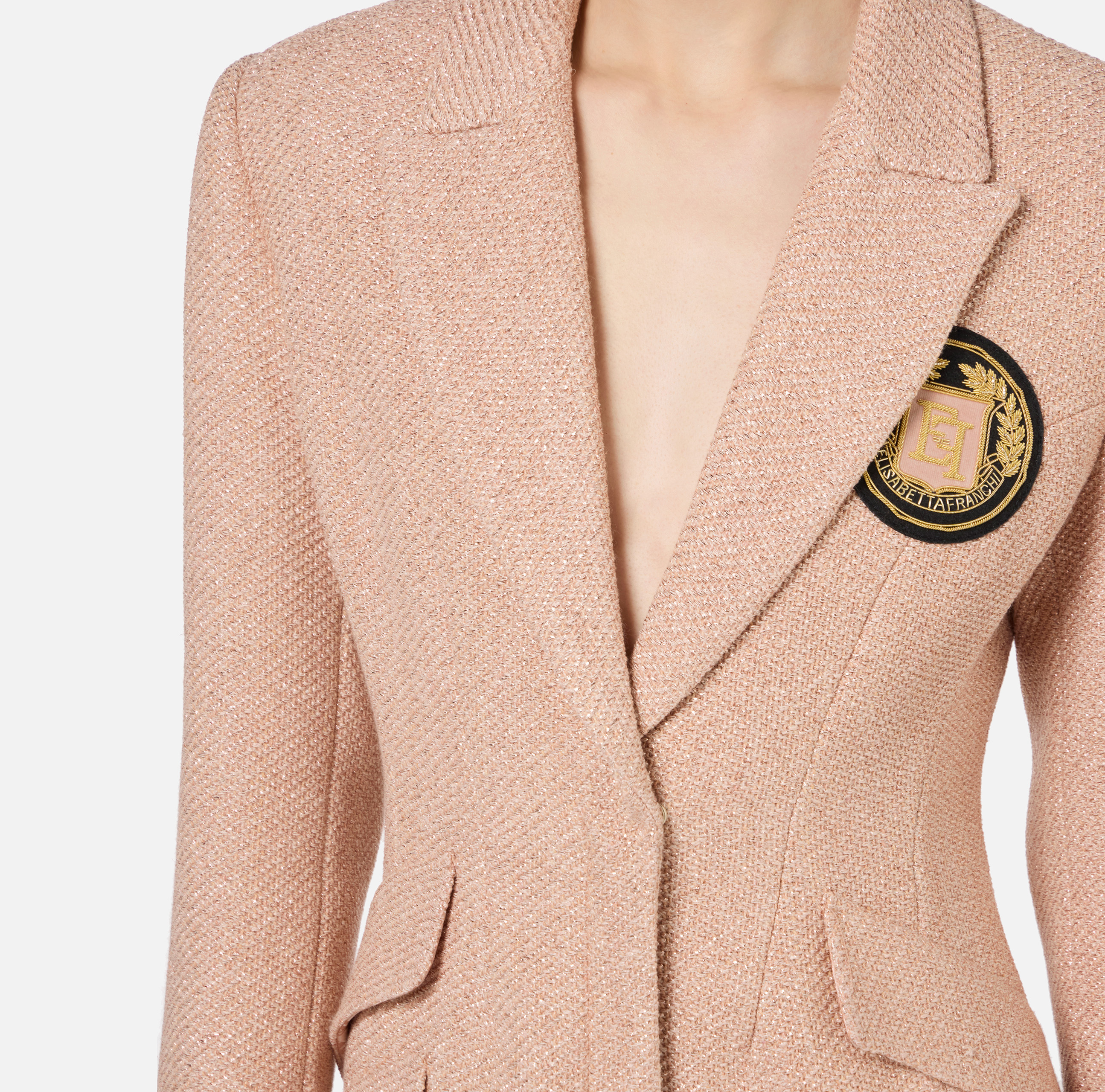【ELIZABETTA FRANCHI】新作ジャケットドレス ロゴパッチ ラペル Laminated tweed coat dress with logo patch | Elisabetta Franchi