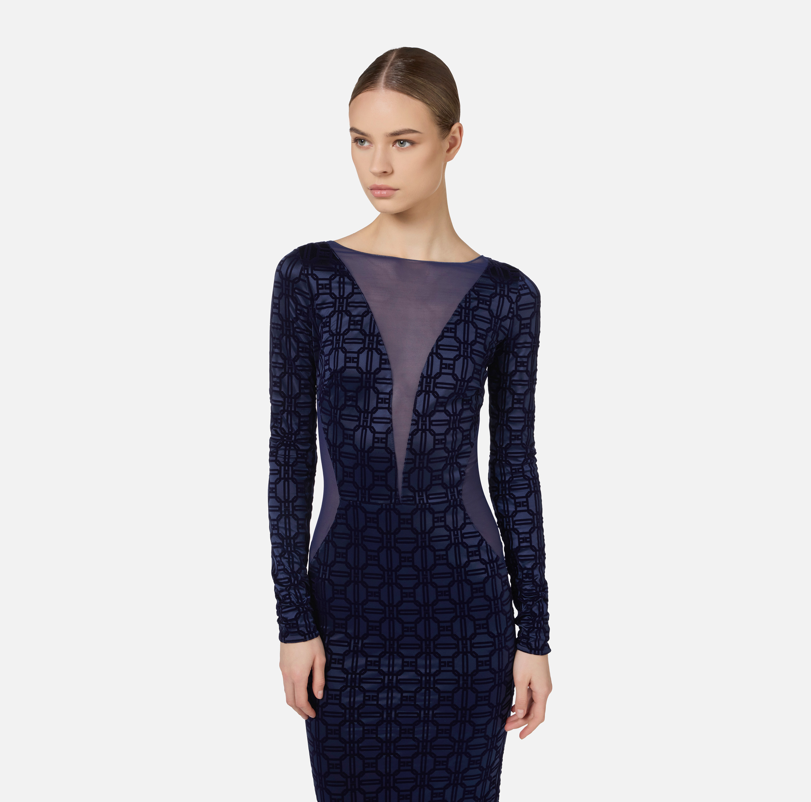 Elisabetta Franchi◆flock Lycra and tulle fabric Red carpet dress in flock Lycra and tulle fabric