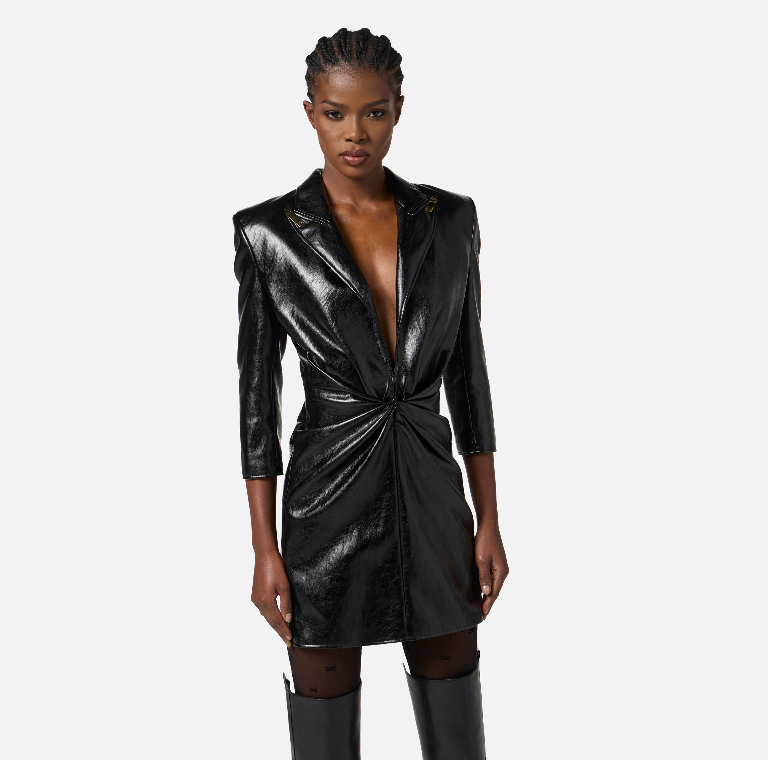 Crackled leather-effect dress with lapels | Elisabetta Franchi