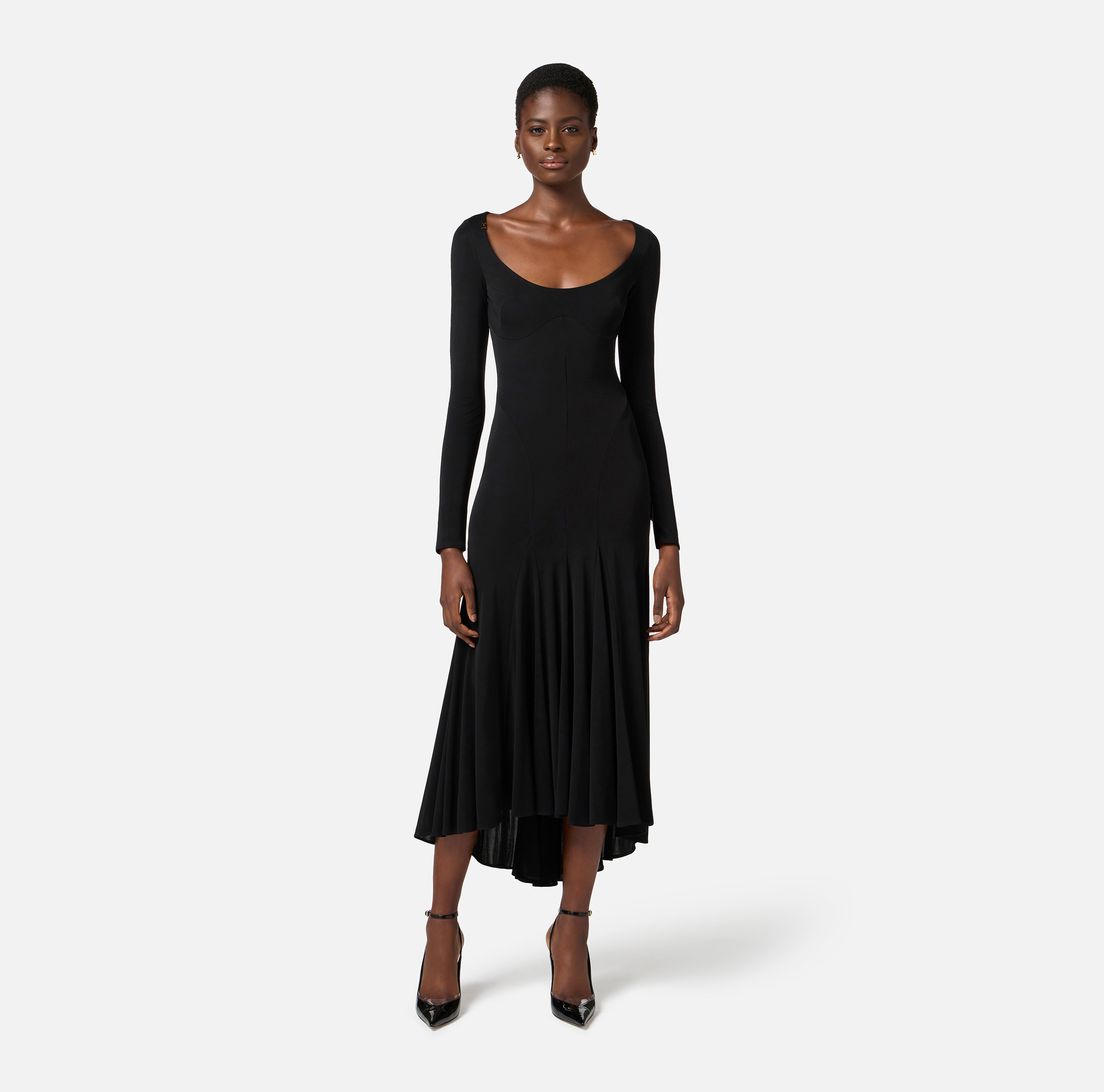 ELISABETTA FRANCHI ひざ丈ワンピース 長袖 アシンメトリー Dress in lightweight jersey fabric with asymmetric cuts