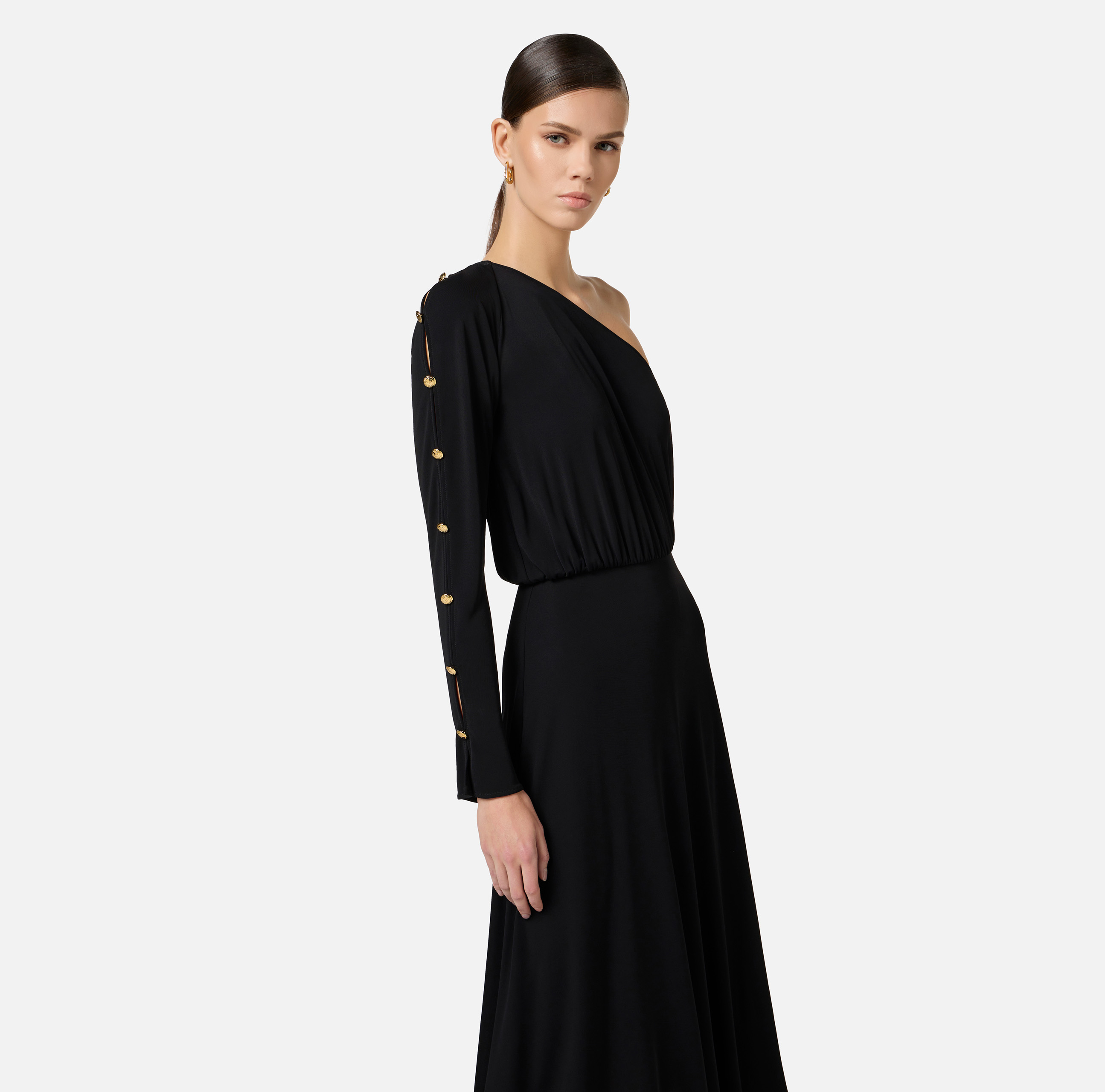 One-shoulder dress in jersey fabric with buttons