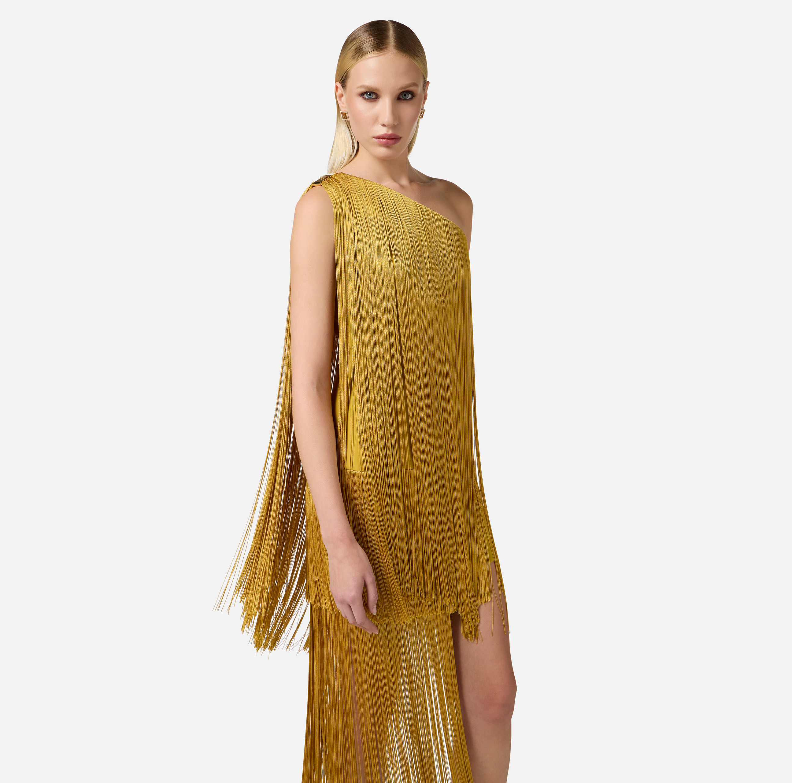 Dress in lightweight double layer crêpe fabric with fringes
