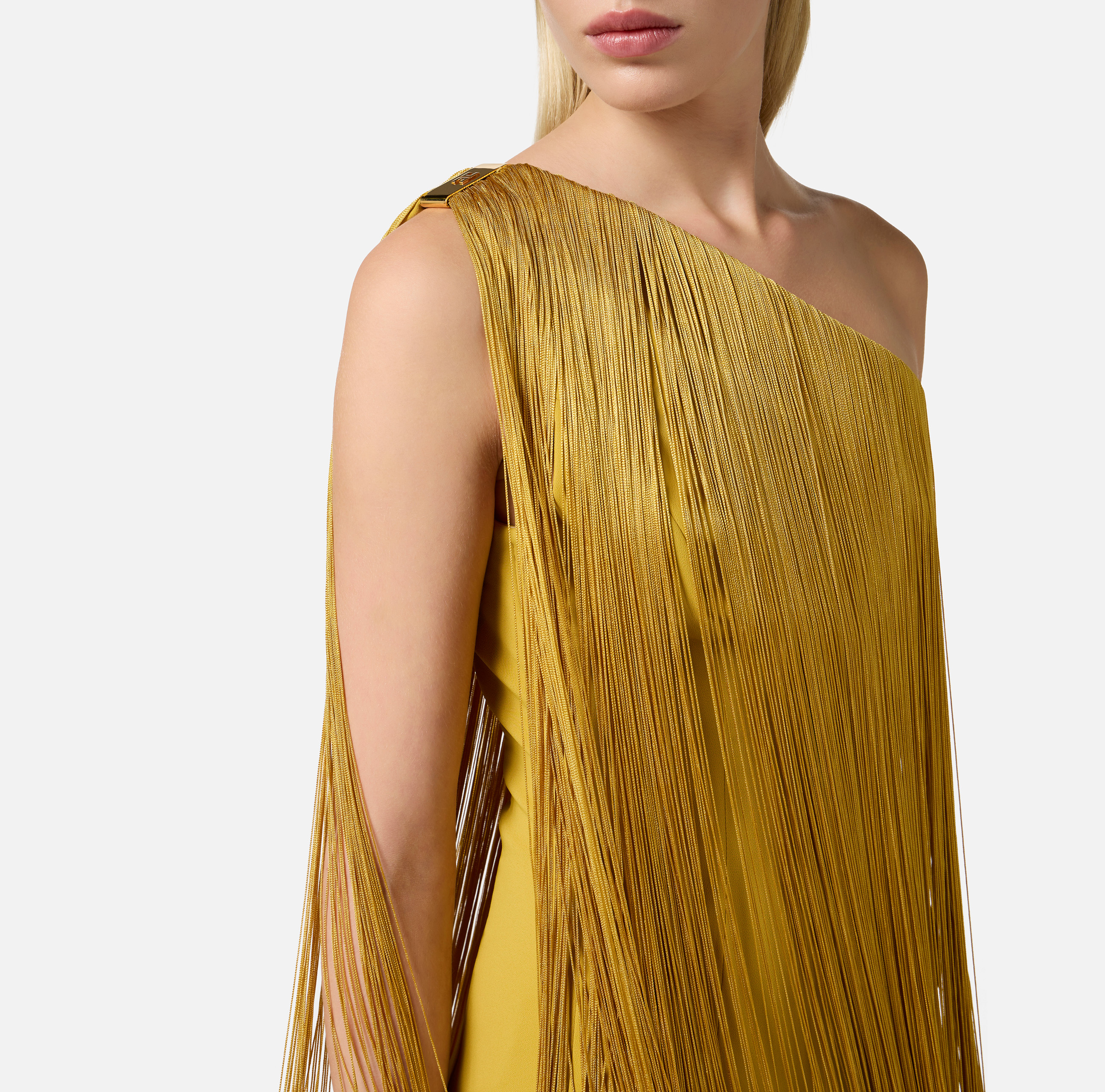 Dress in lightweight double layer crêpe fabric with fringes