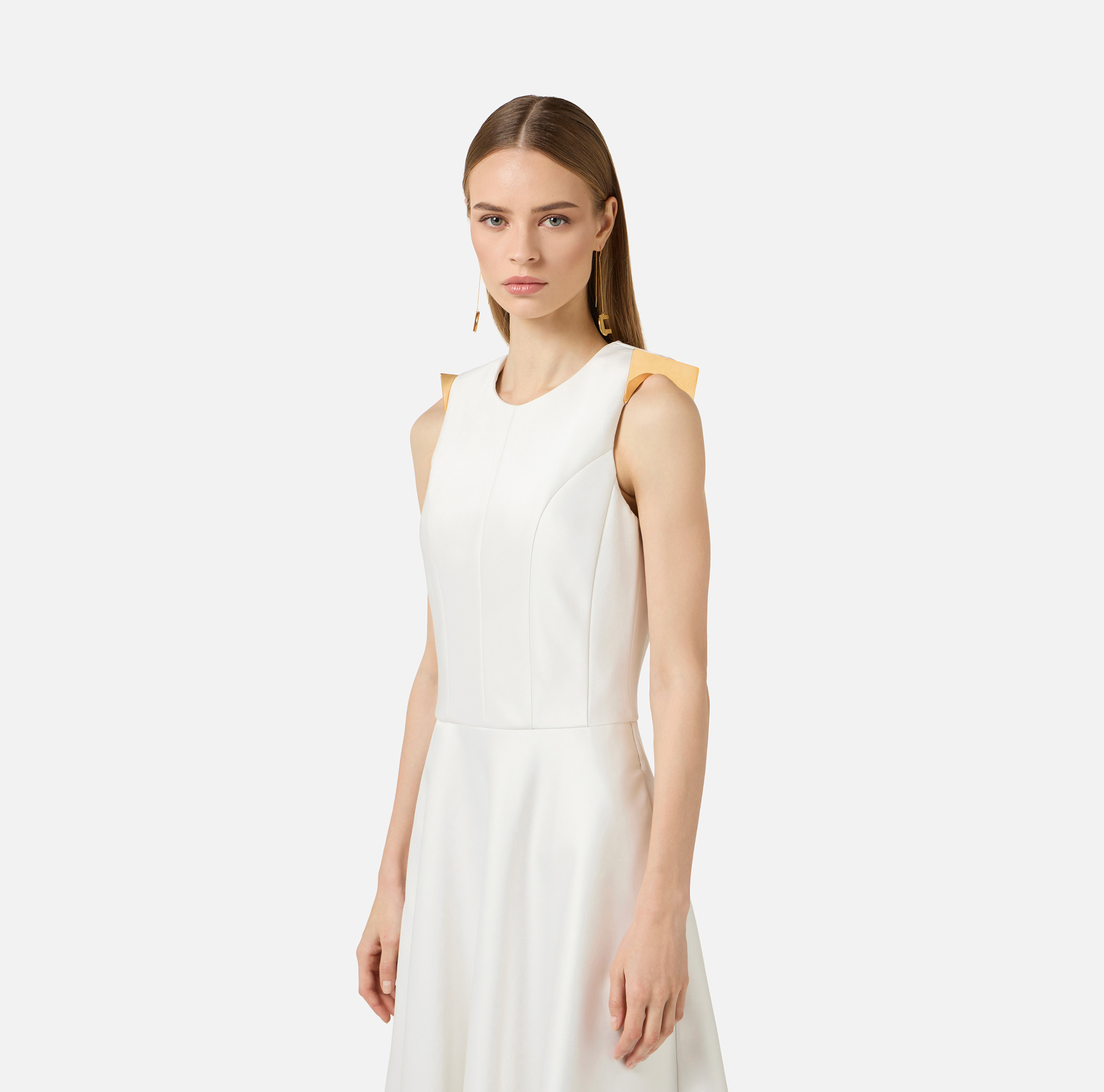 Duchess satin dress with jewel details on the shoulders