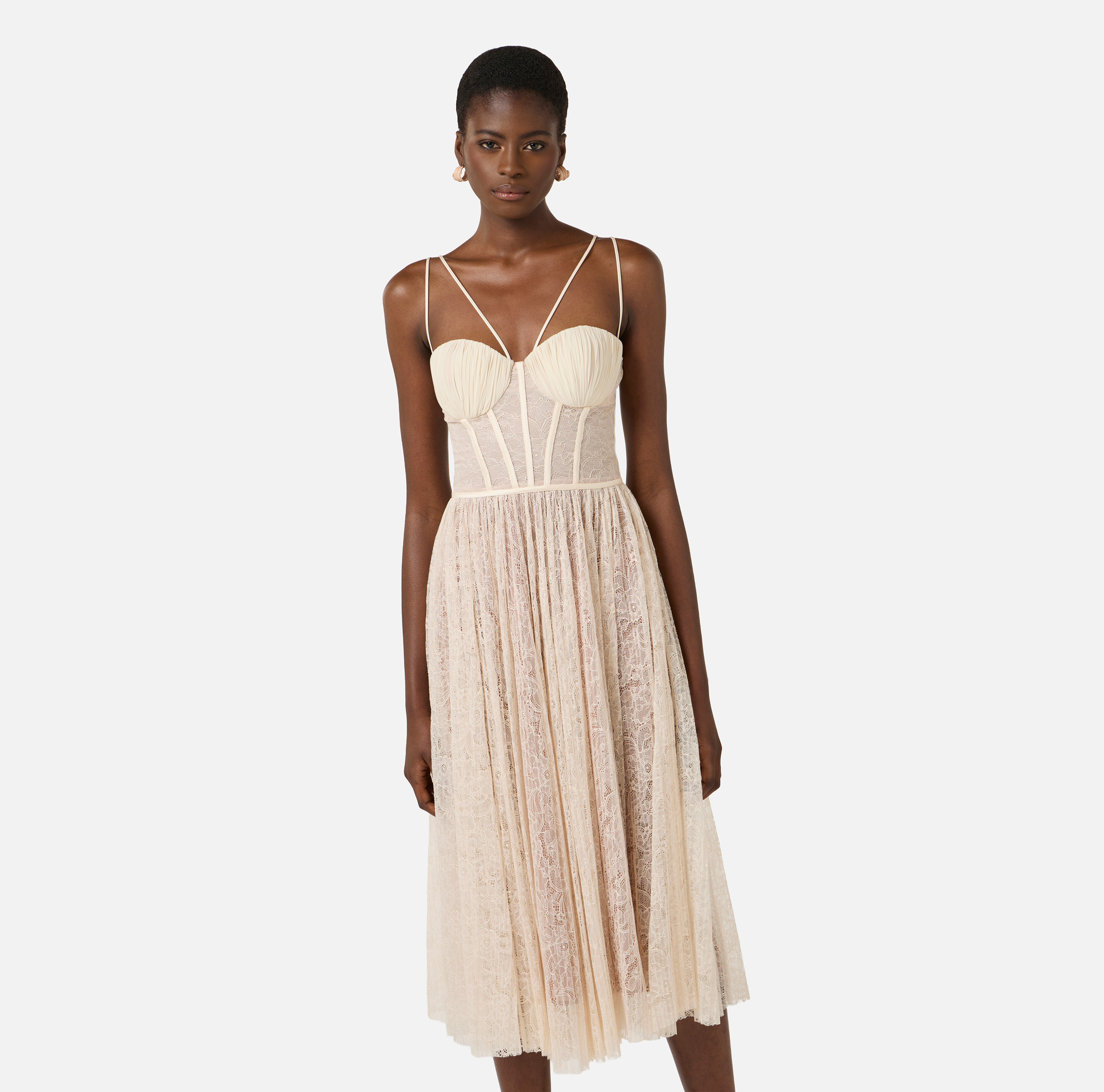 elisabetta franchi beige dress Tube Dress with Satin Ribbons and Tulle