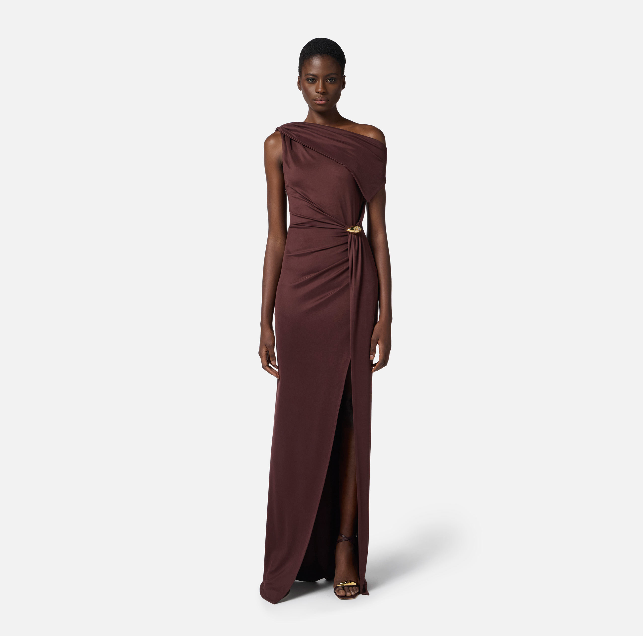 One-shoulder red carpet dress in pleated lurex jersey