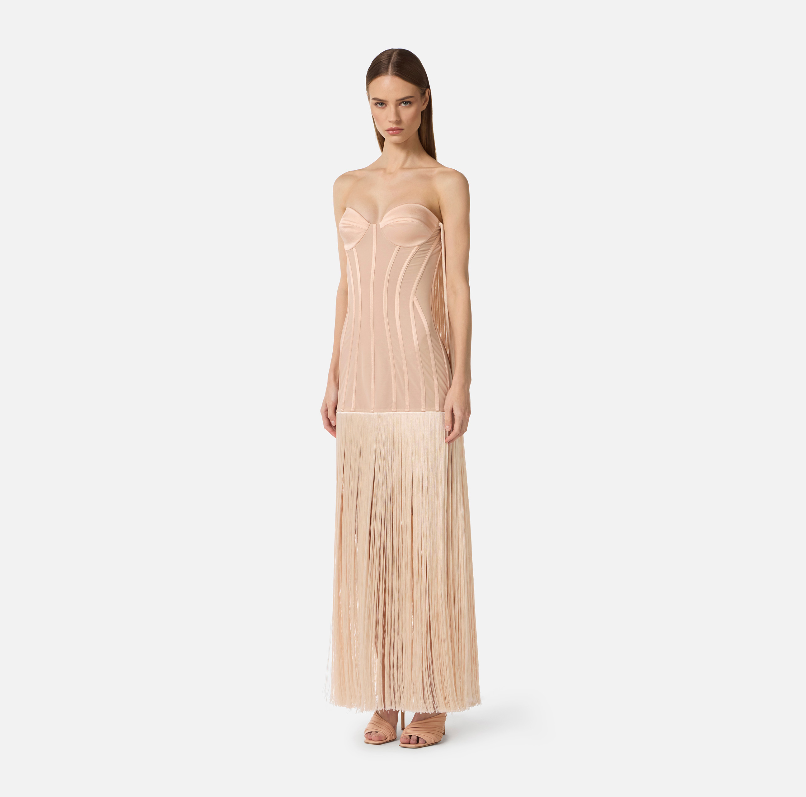 elisabetta franchi red and blue fringe dress Elisabetta Franchi One-shoulder red carpet dress with belt  luxury-24