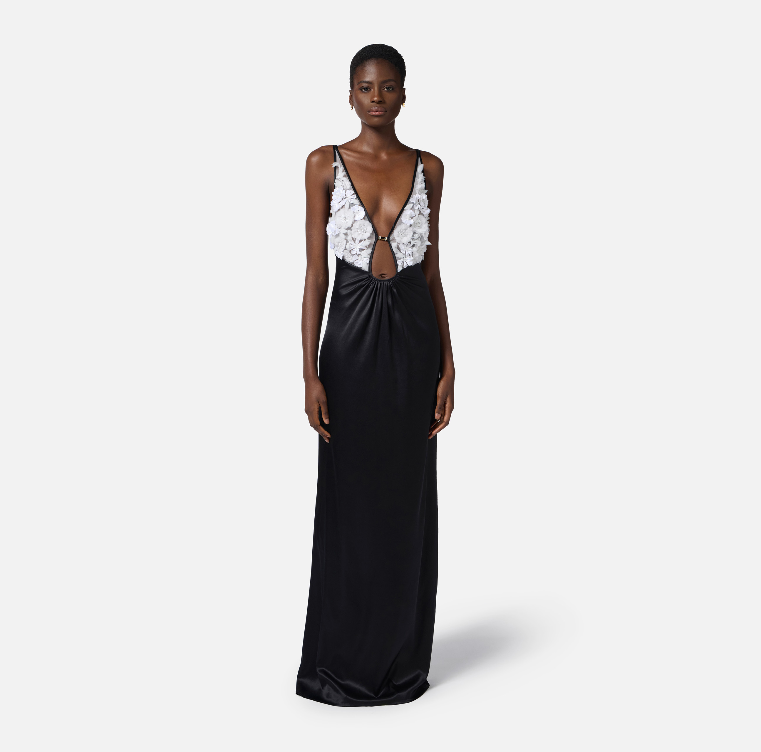 【★完売必至★】ELISABETTA FRANCHI ☆ 3Dフラワー ドレス Dress in duchesse satin with 3D flowers | Elisabetta Franchi