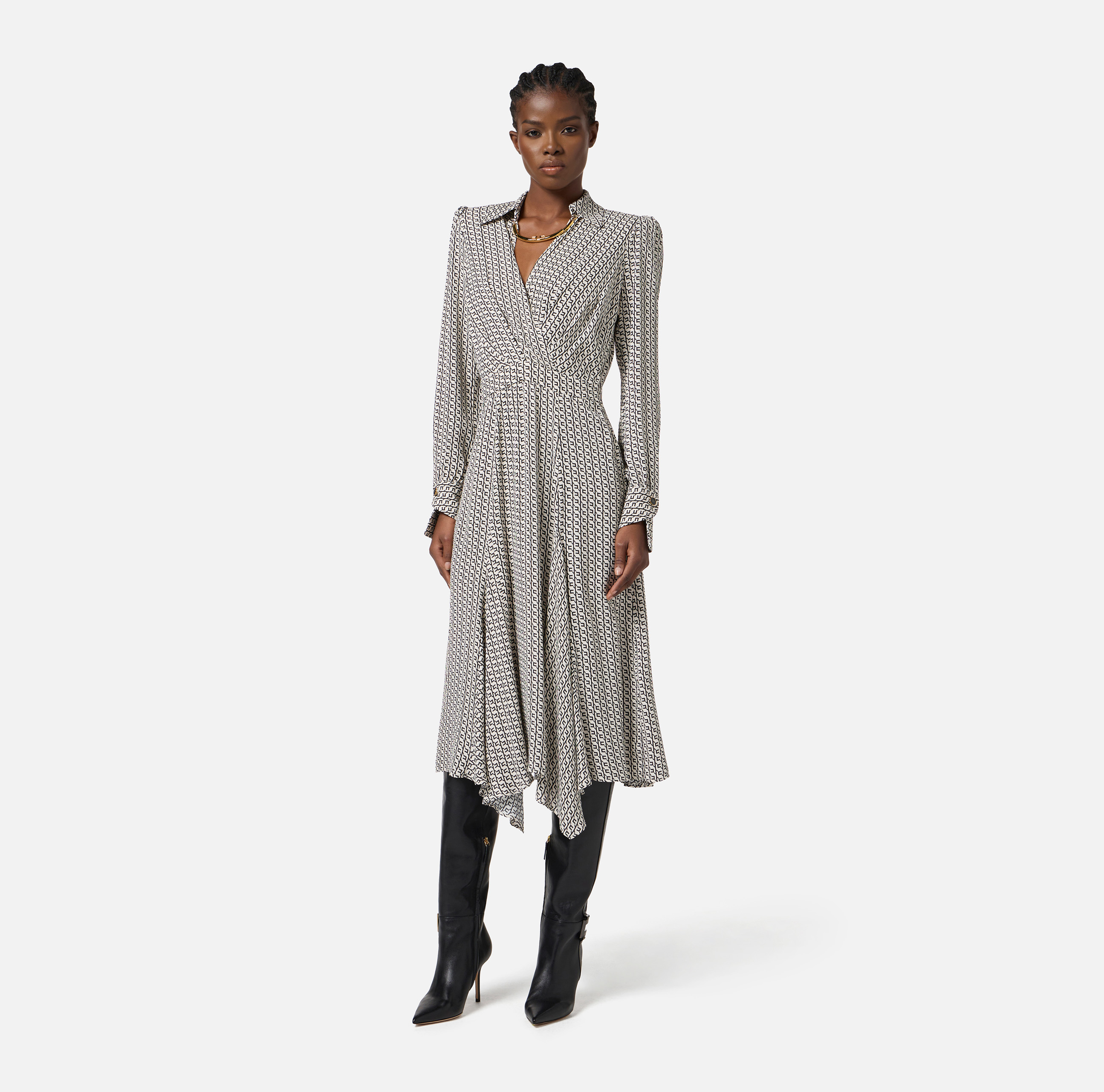 ワンピース ELISABETTA FRANCHI Woman Dress Grey AB837 DC3 Dress in georgette fabric with geometric print | Elisabetta