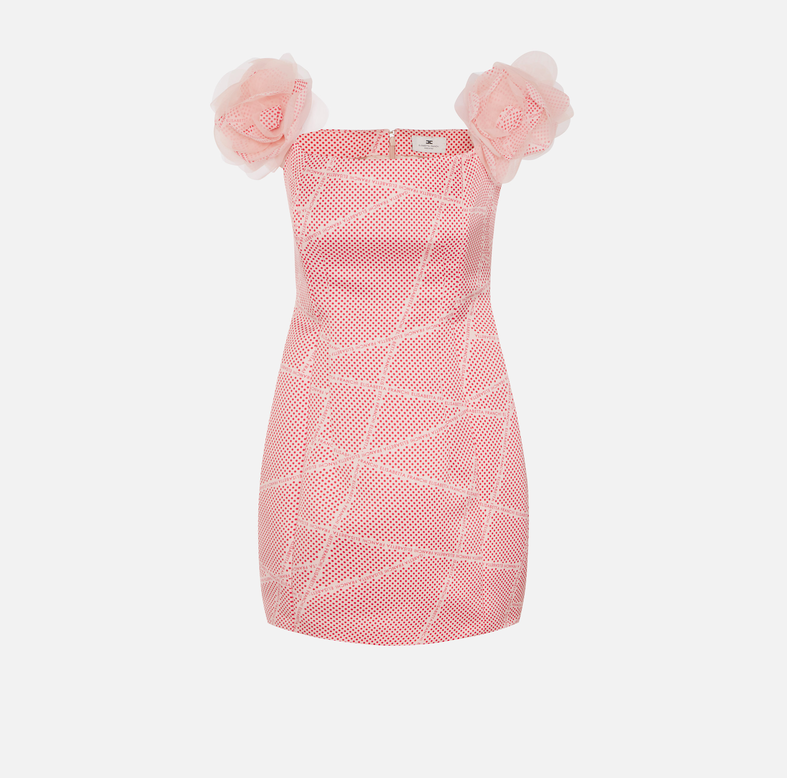 Dress in duchesse satin with polka dot print and ribbons