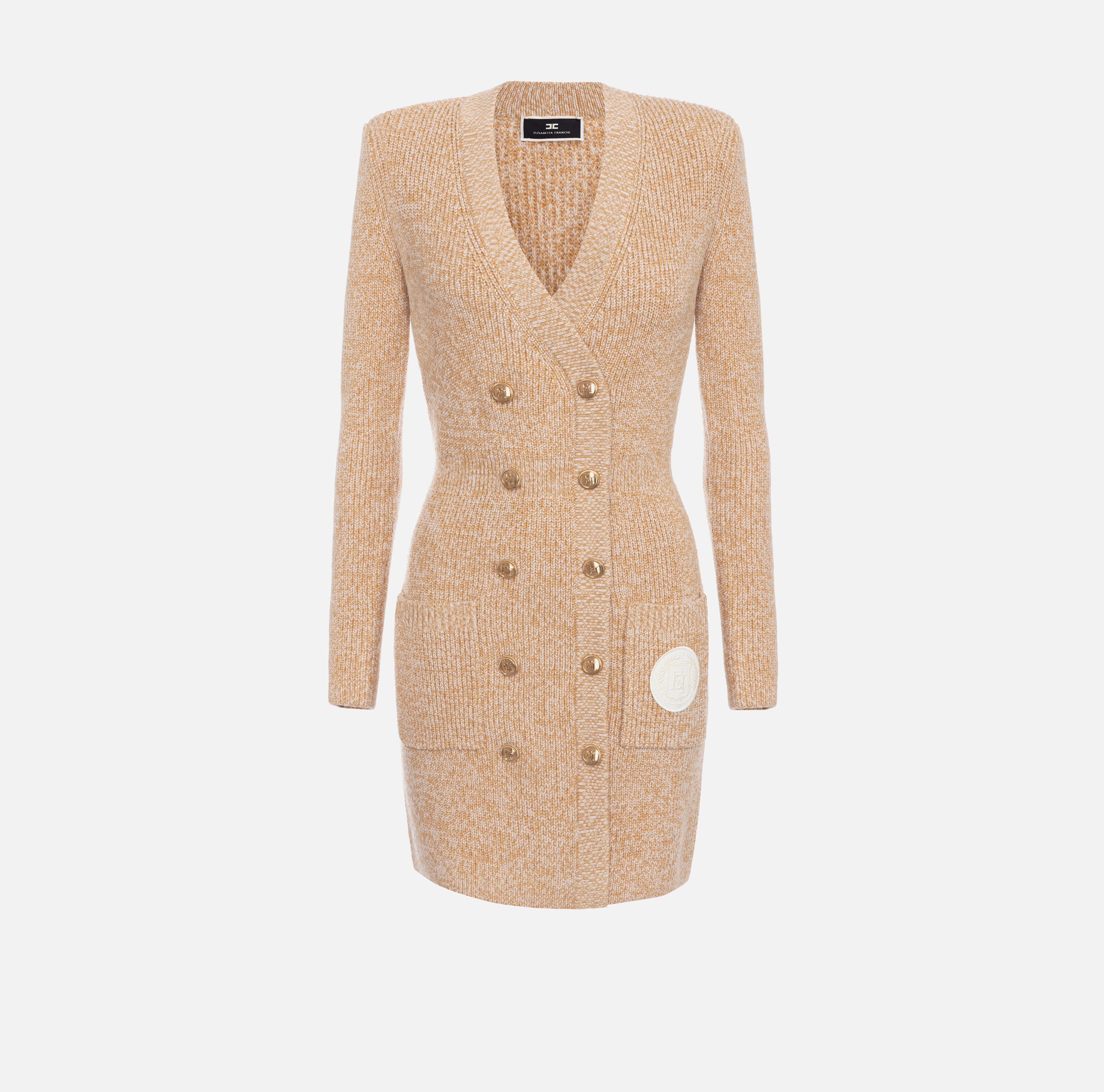 Mouliné wool double-breasted coat dress with logo patch