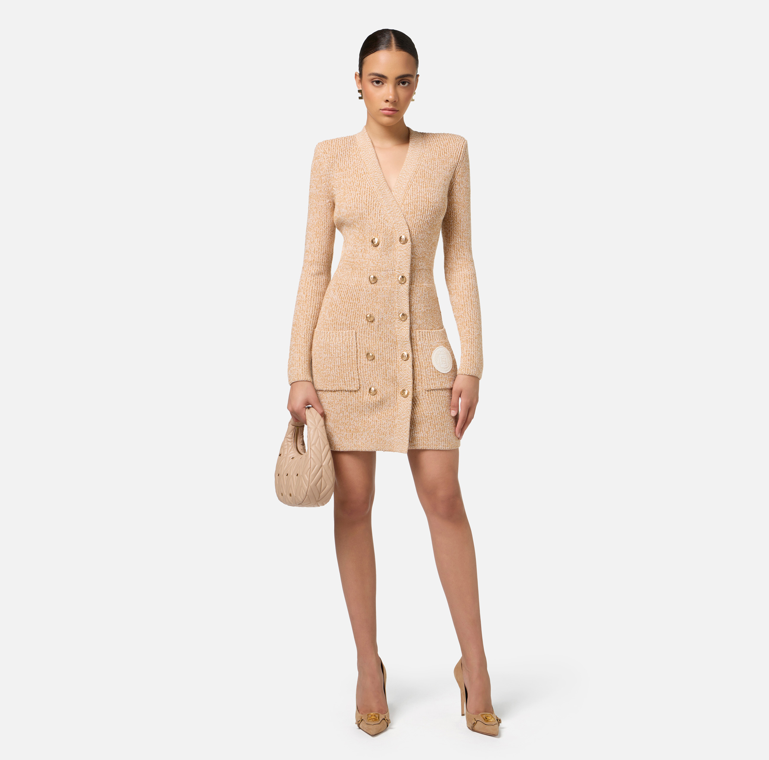 Mouliné wool double-breasted coat dress with logo patch Mouliné wool double-breasted coat dress with logo patch