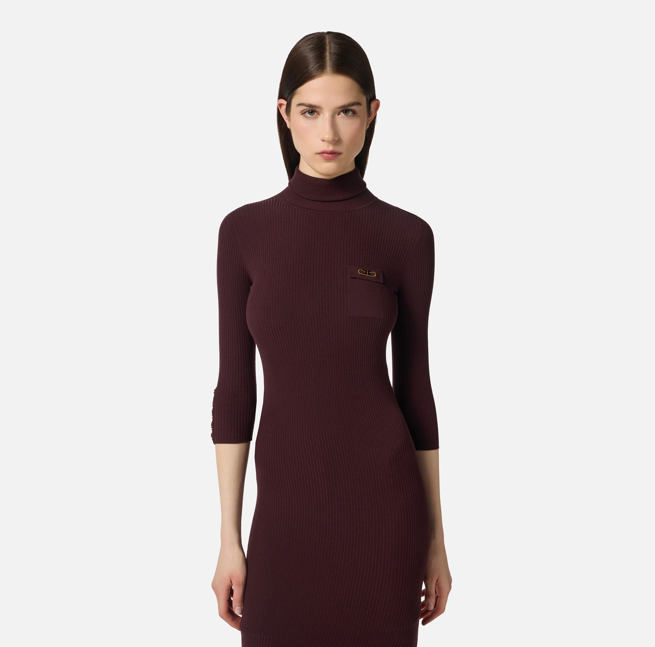 ワンピース ELISABETTA FRANCHI DRESS IN RIBBED KNIT FABRIC WITH BREAST P Elisabetta Franchi Dress in ribbed knit fabric with breast