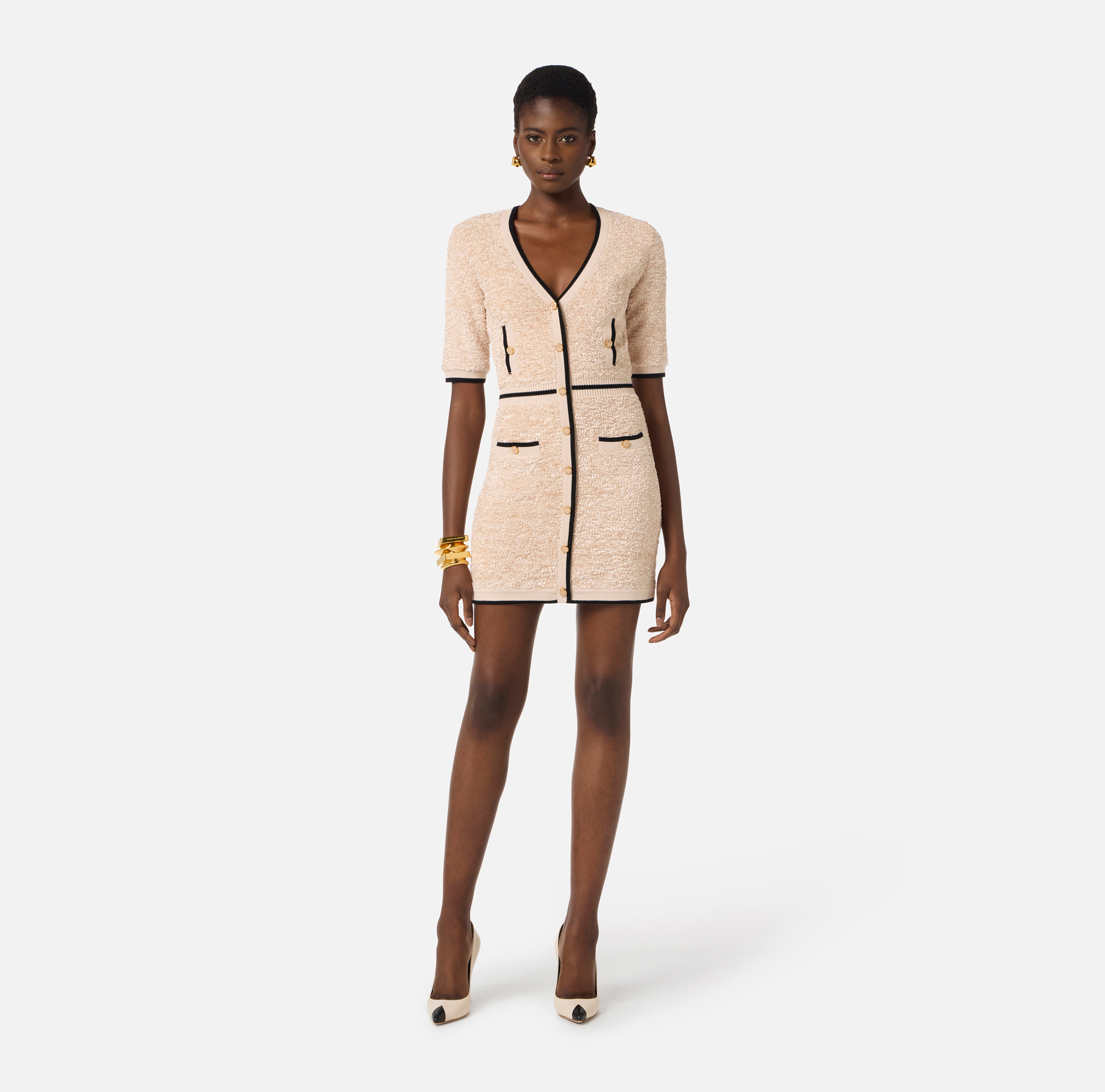 Mini dress in bouclé chenille fabric with contrasting details