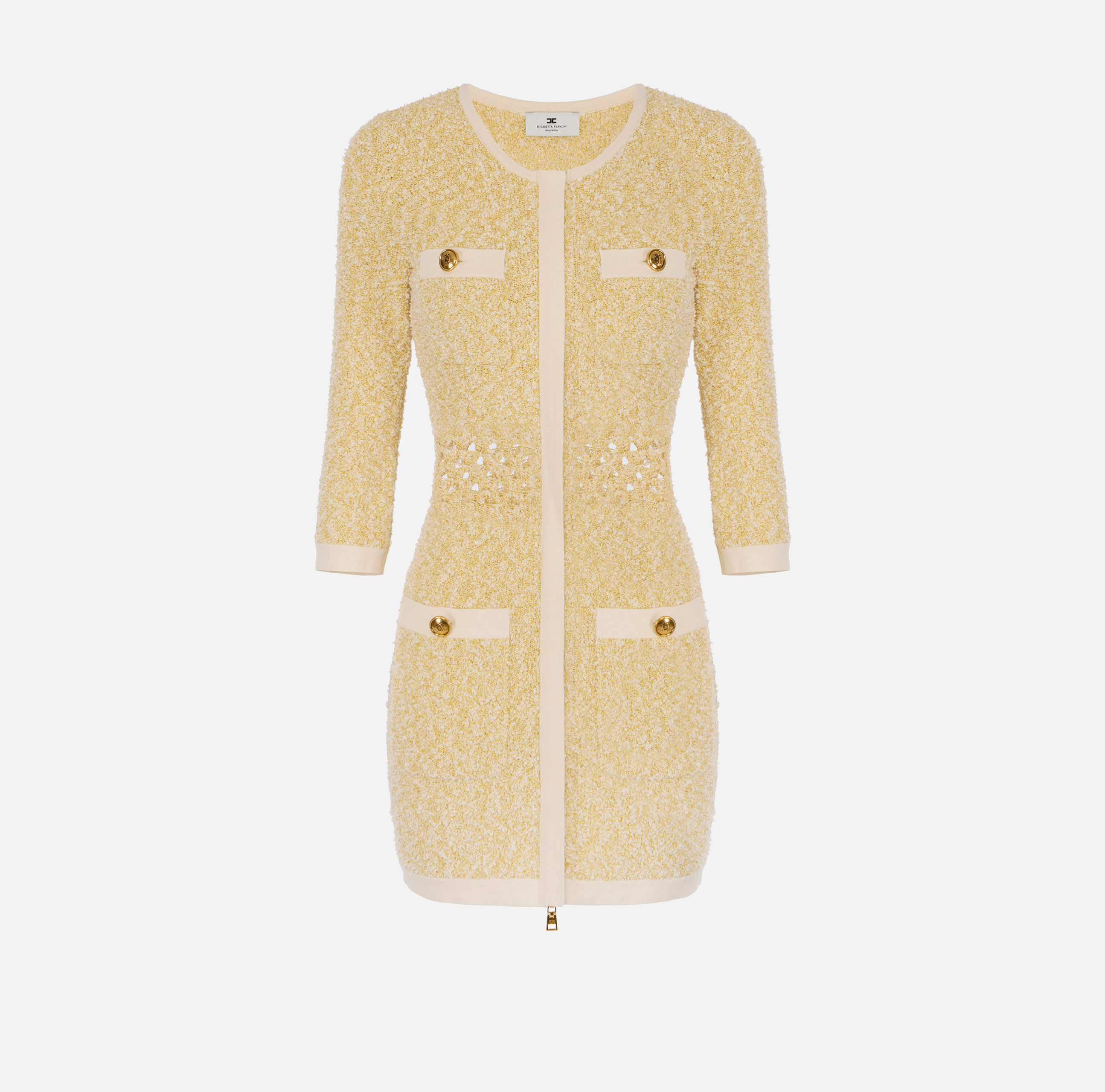 ELISABETTA FRANCHI✨️ミニ丈ドレス 総柄 ゴールド金具 42 Mini dress in bouclé knit fabric | Elisabetta Franchi