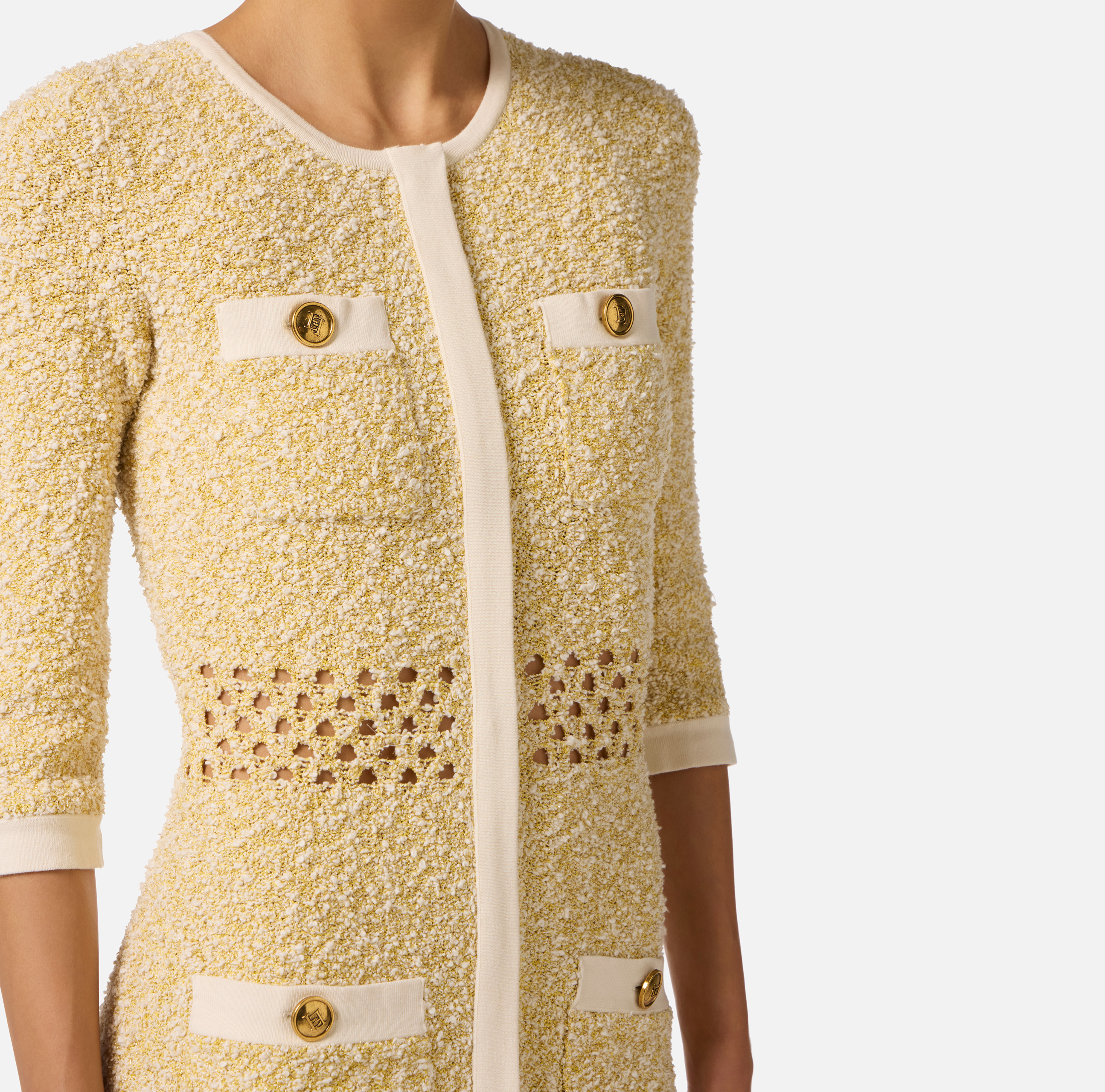 ELISABETTA FRANCHI✨️ミニ丈ドレス 総柄 ゴールド金具 42 Mini dress in bouclé knit fabric | Elisabetta Franchi