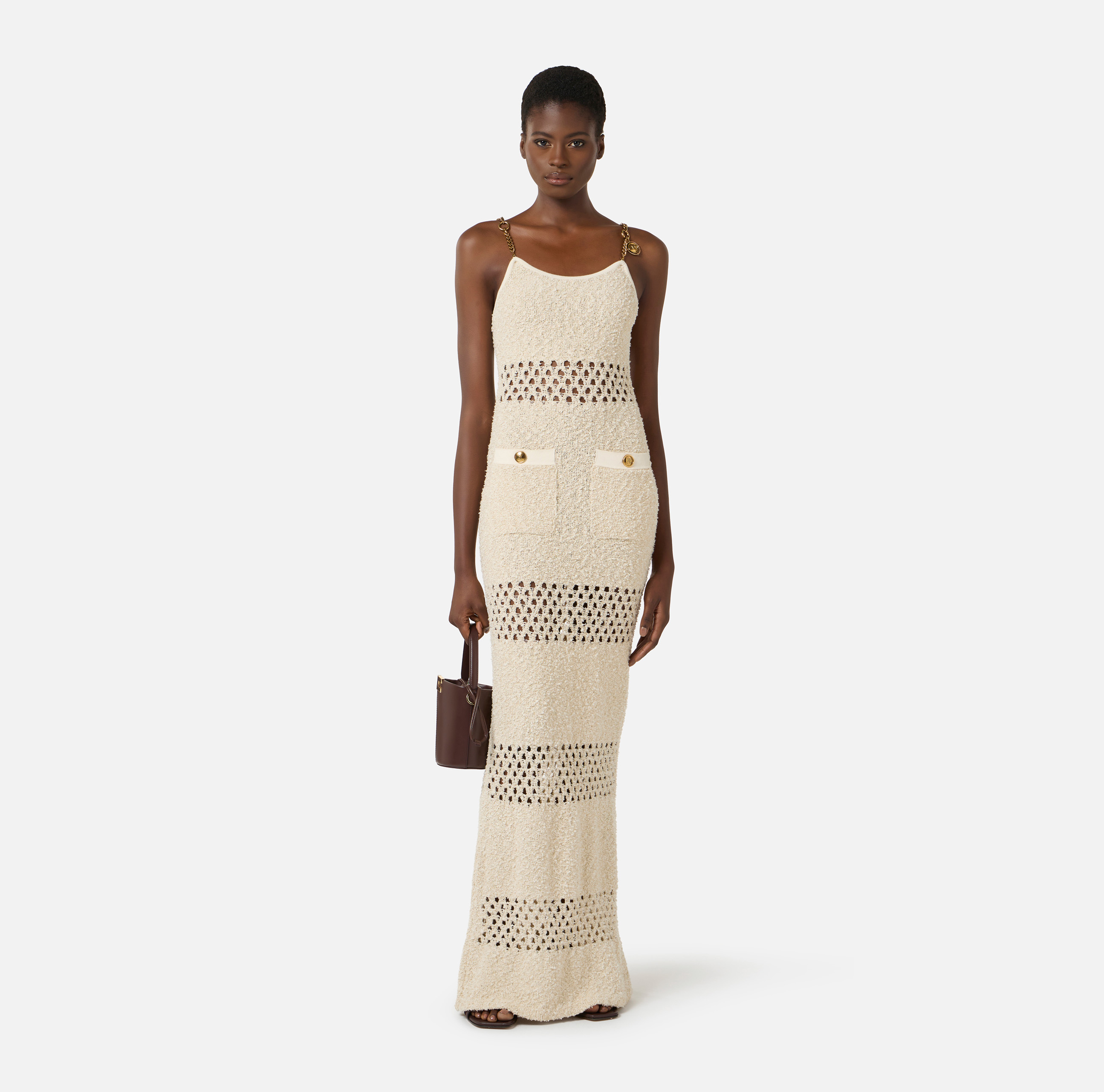 elisabetta franchi white long dress Elisabetta Franchi Embroidered Logo Maxi Dress In White - 34% Off