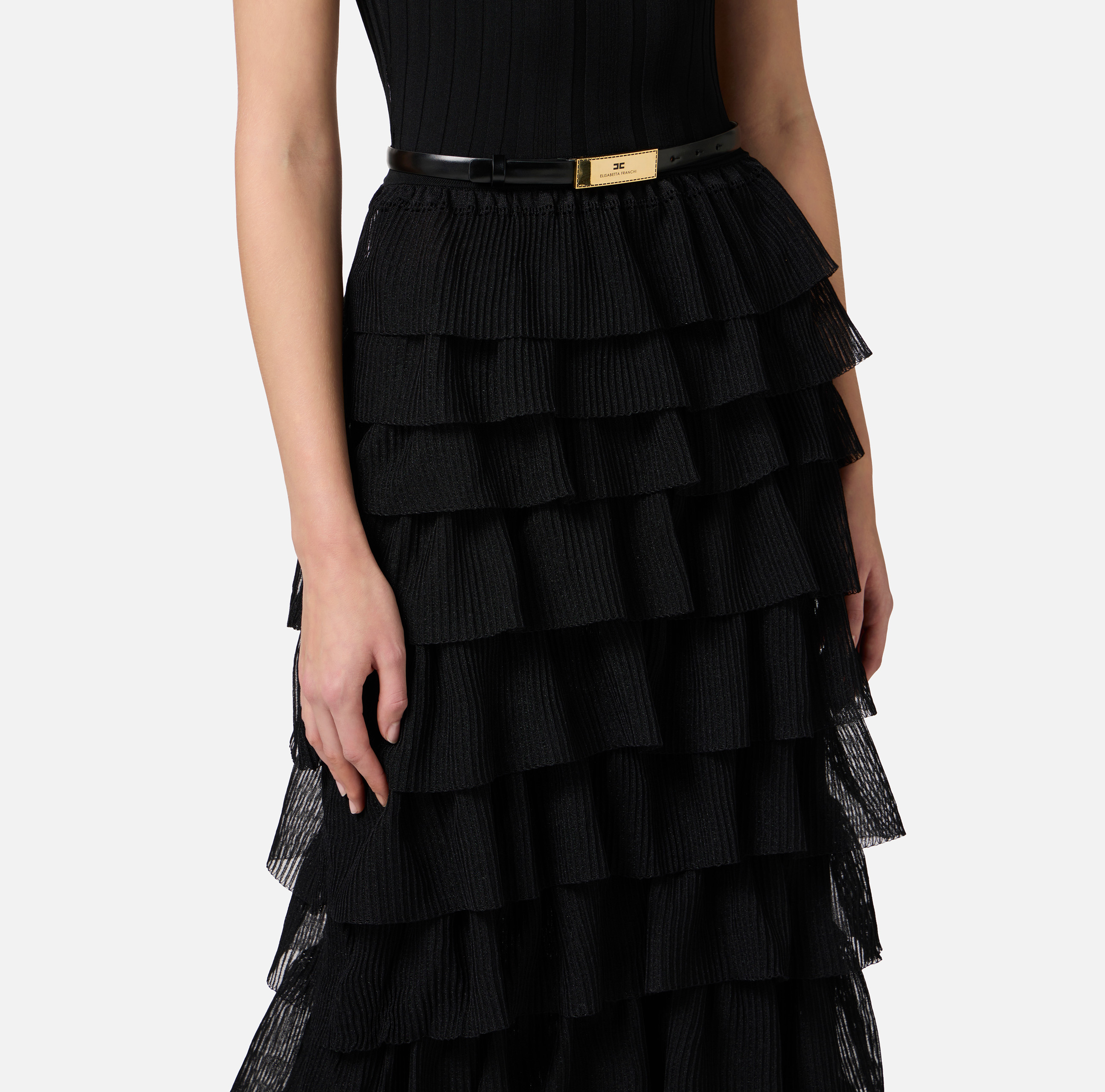 【ELISABETTA FRANCHI】Black レッドカーペットニットドレス Red Carpet knit dress with flounces | Elisabetta Franchi