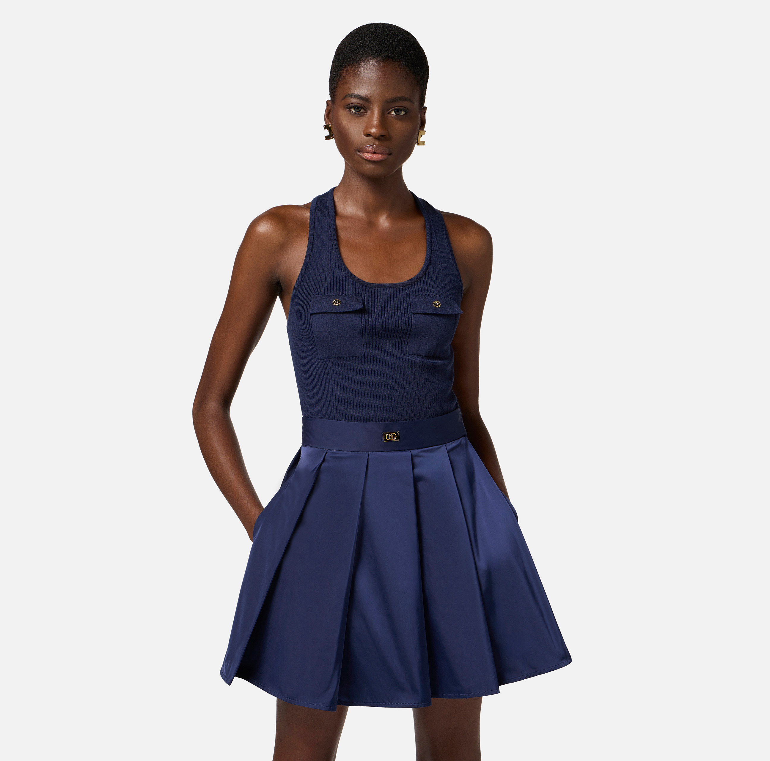 Micro-ribbed dress with voile skirt | Elisabetta Franchi