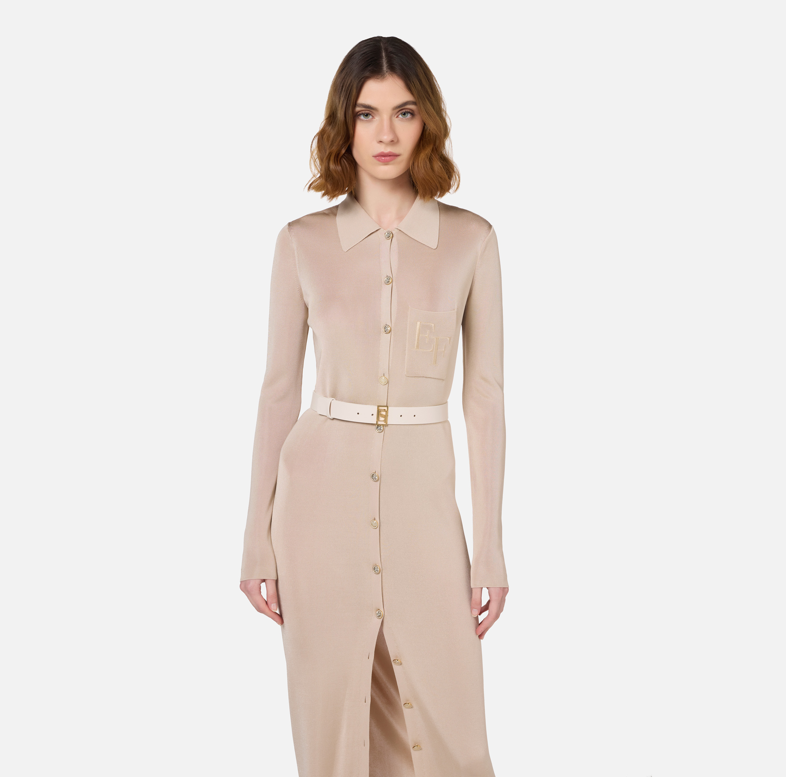 Long dress in shiny viscose fabric with logo embroidery and