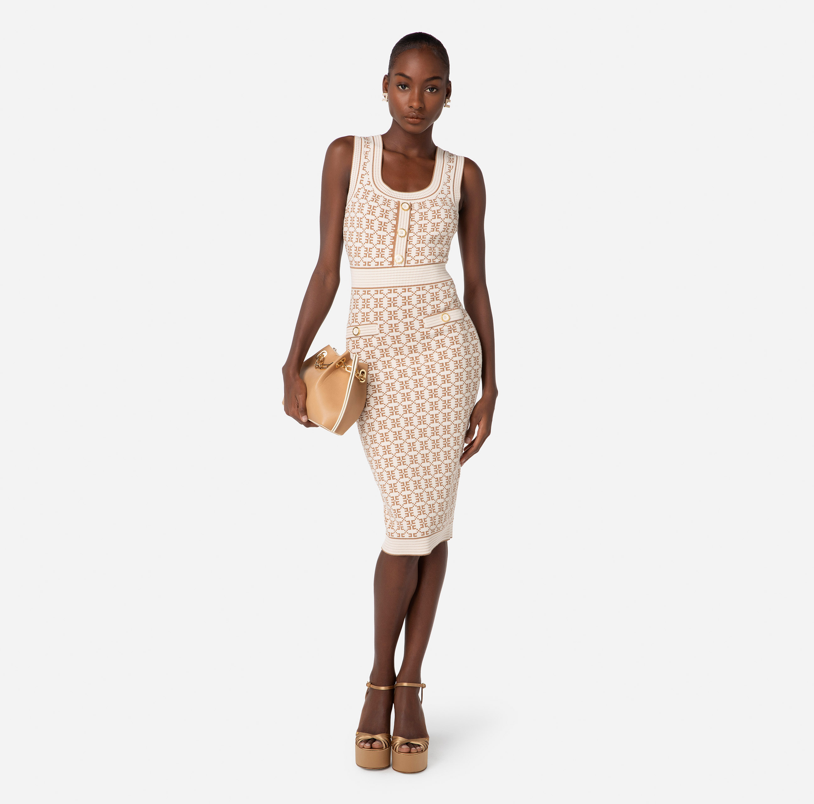 ELISABETTA FRANCHI】SS21 knit calf-length dress with logo-