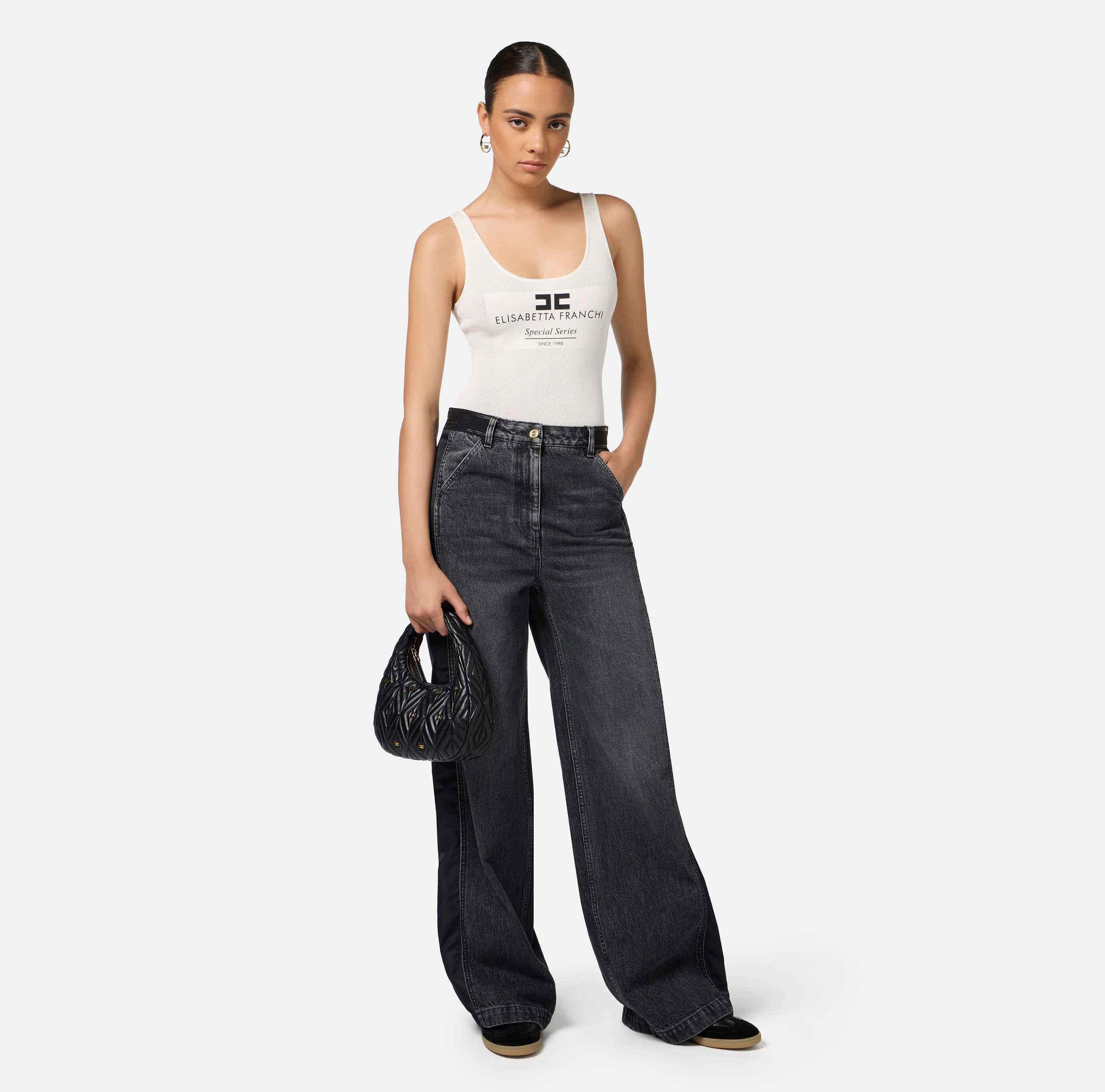 【ELISABETTA FRANCHI】関税込☆コットン ショーツ ストライプ Mesh stitch bodysuit in viscose fabric with inlay