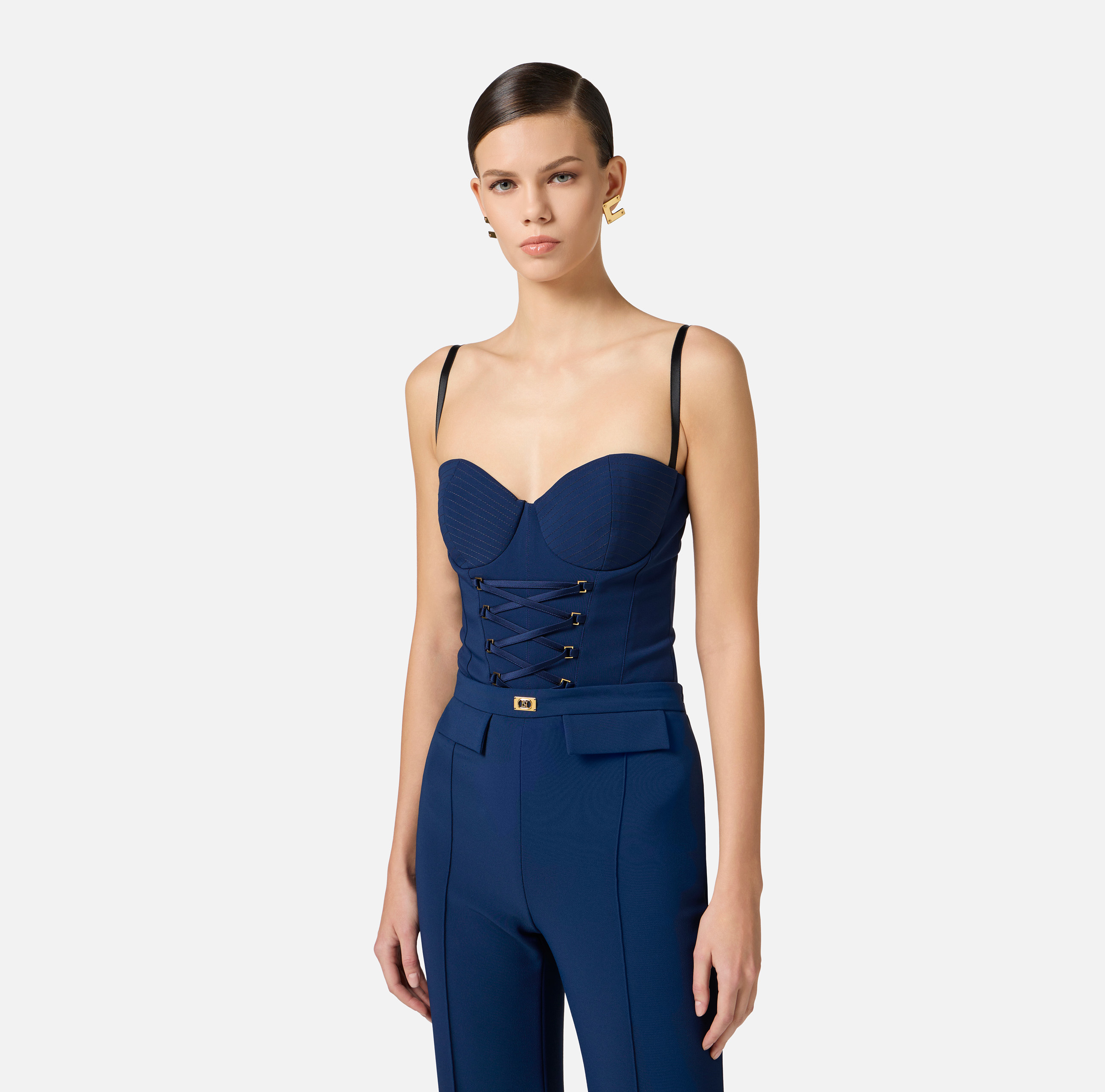 ワンピース ELISABETTA FRANCHI Women Mid Skirts AB84652E2 DC8 Blue Crêpe-back satin dress with crossover laces | Elisabetta Franchi