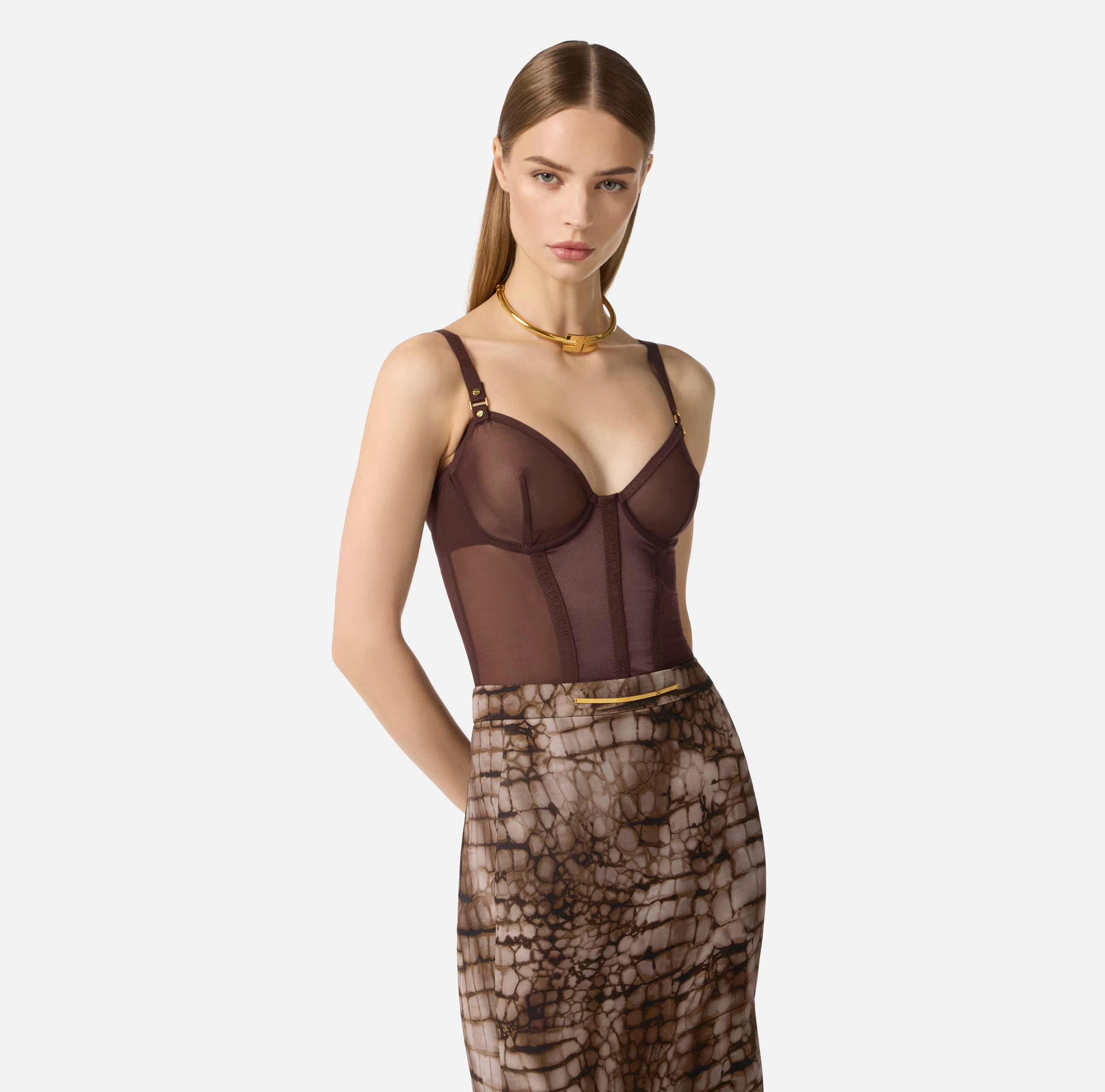 ELISABETTA FRANCHI ボディースーツ　レースフリル　ストレッチ Bodysuit in stretch tulle and satin fabric | Elisabetta Franchi