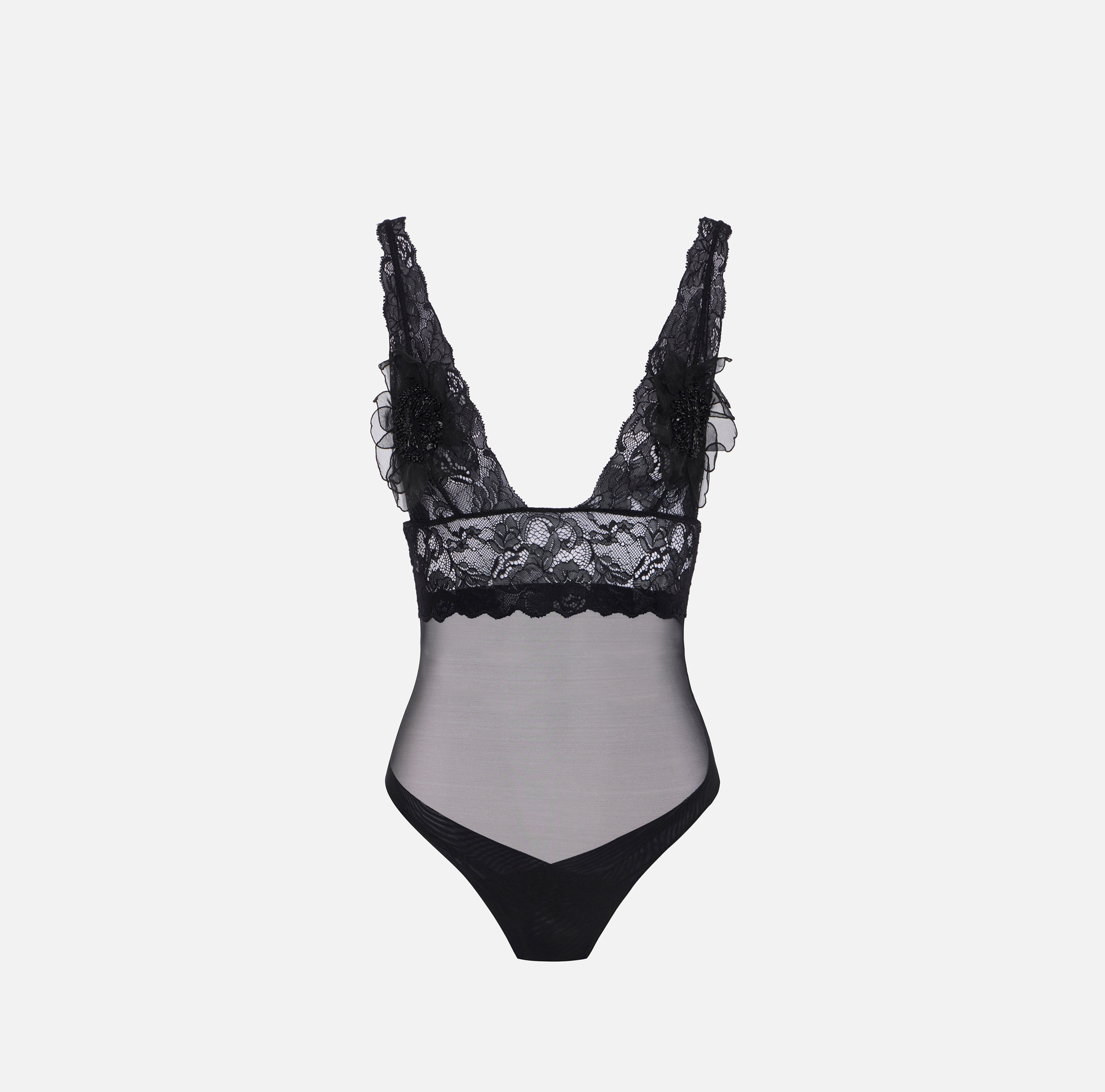 elisabetta franchi Body en dentelle et tulle avec fleurs 3D