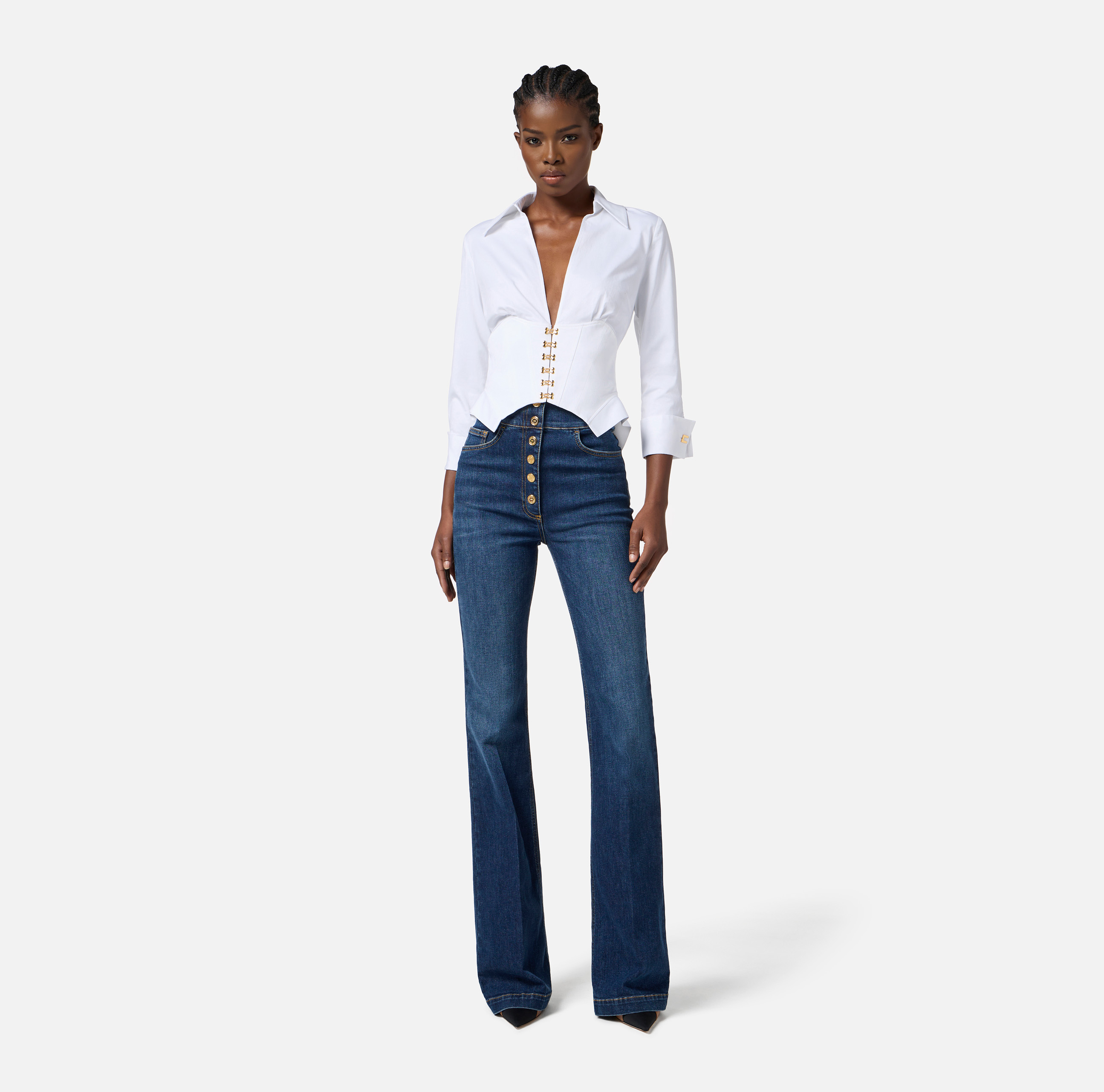 ELISABETTA FRANCHI●メタルロゴ付ハイウエストパラッツォパンツ Trousers with waistband and two gold metal buckles