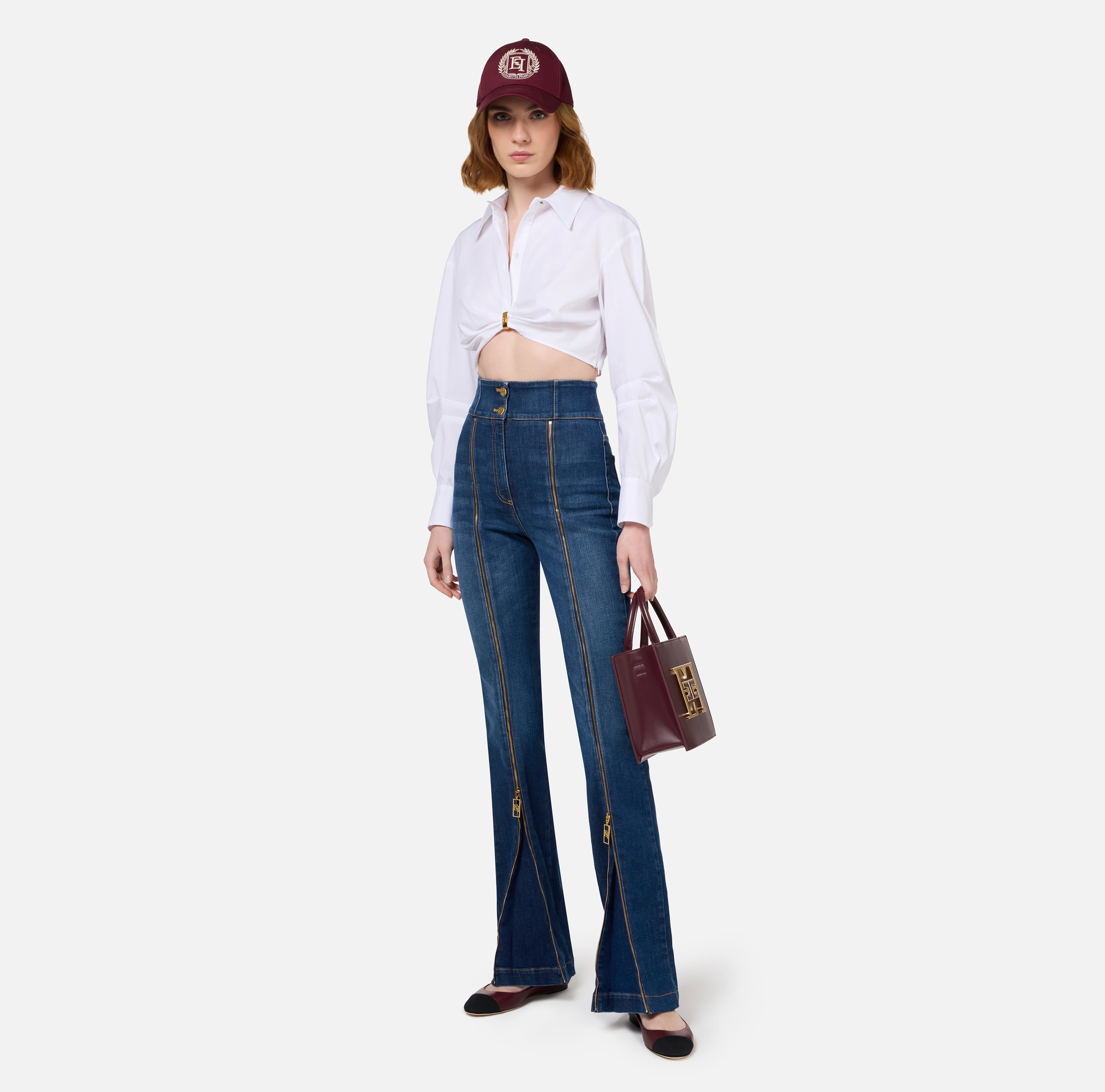 Cropped poplin shirt with draping and ring | Elisabetta Franchi