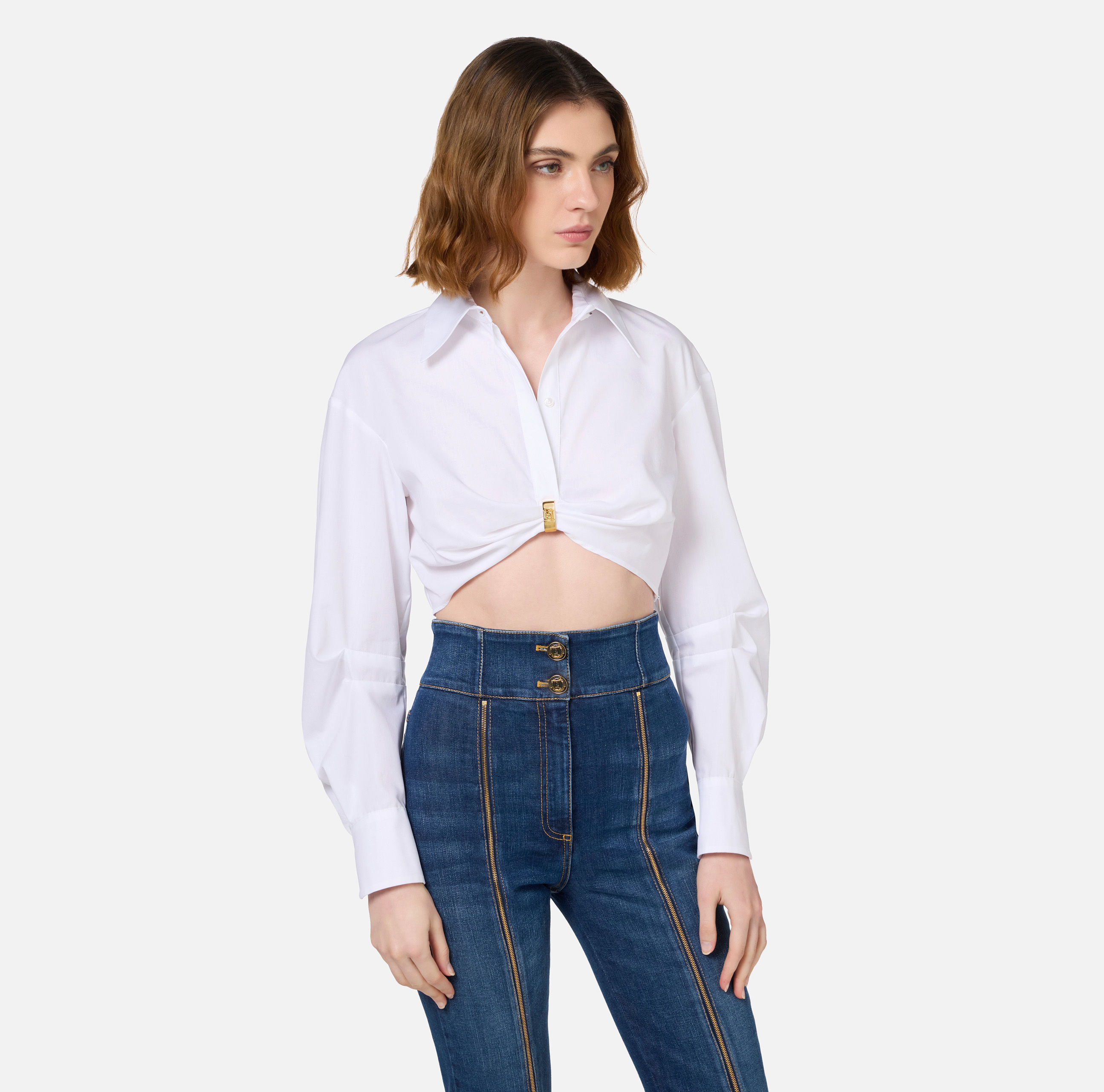 Cropped poplin shirt with draping and ring | Elisabetta Franchi
