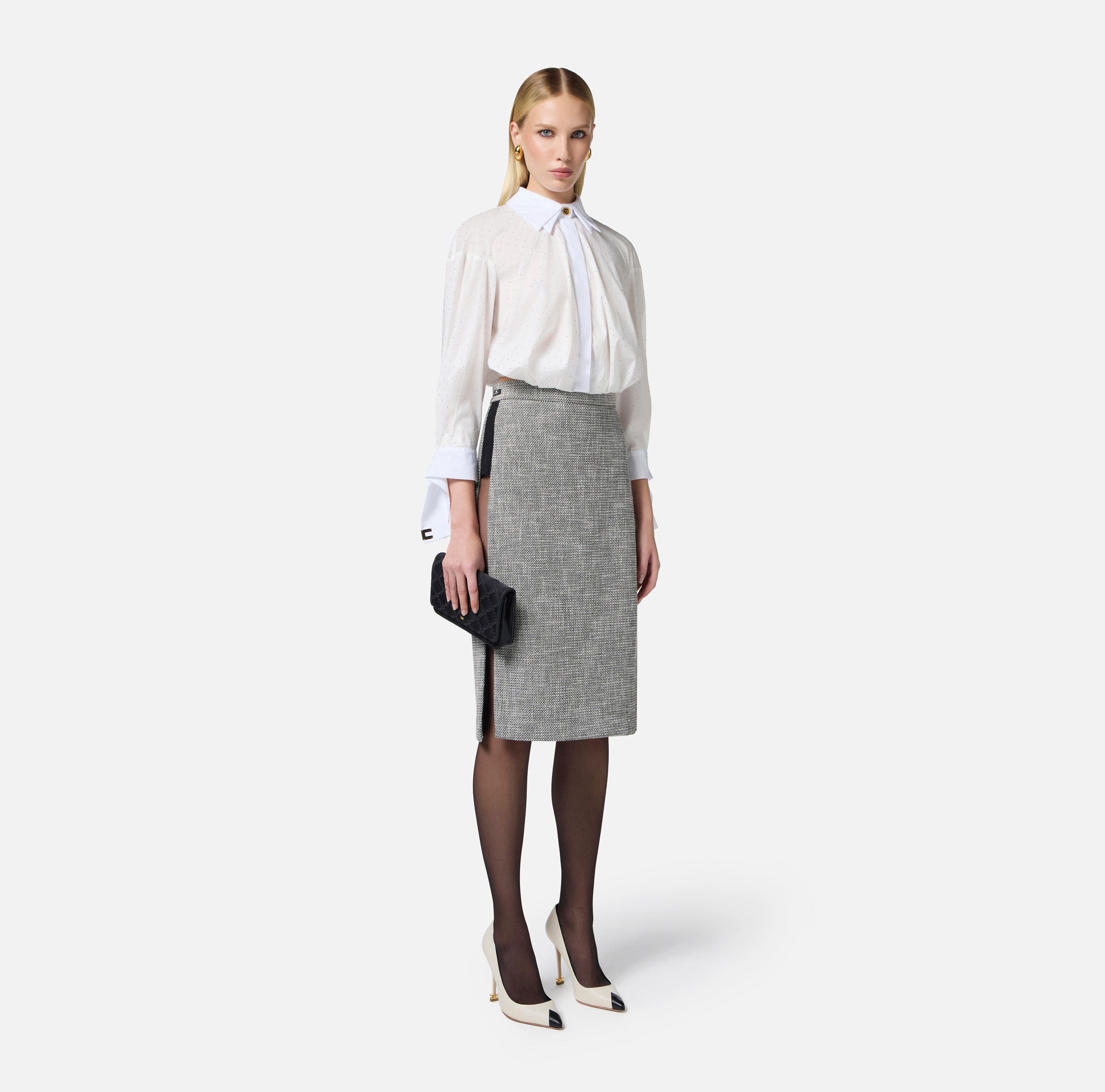 ELISABETTA FRANCHI●アシンメトリー ロゴプリントシャツドレス Asymmetric georgette shirt-dress with logo print