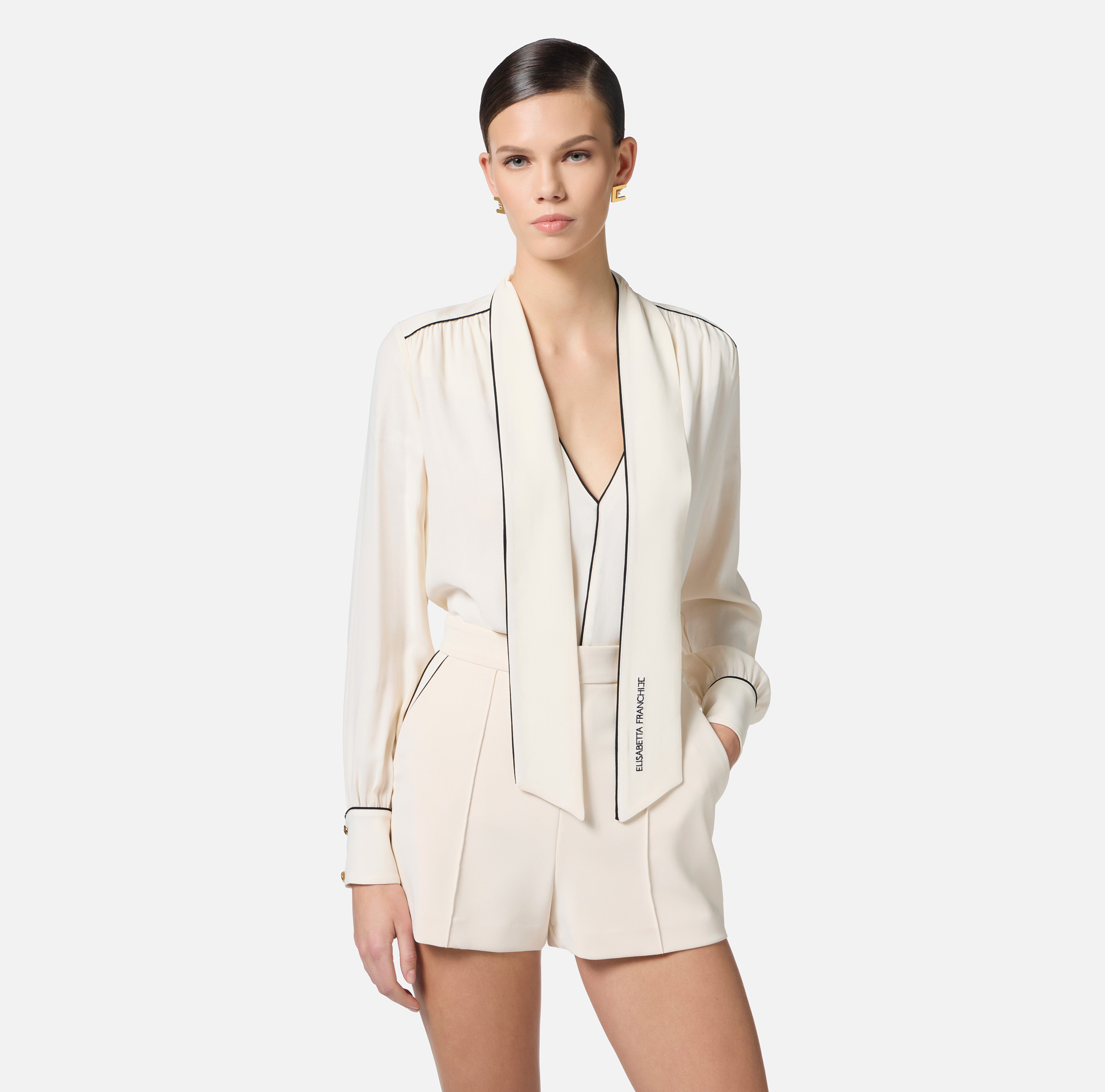 Tie-neck blouse in georgette fabric with piping | Elisabetta