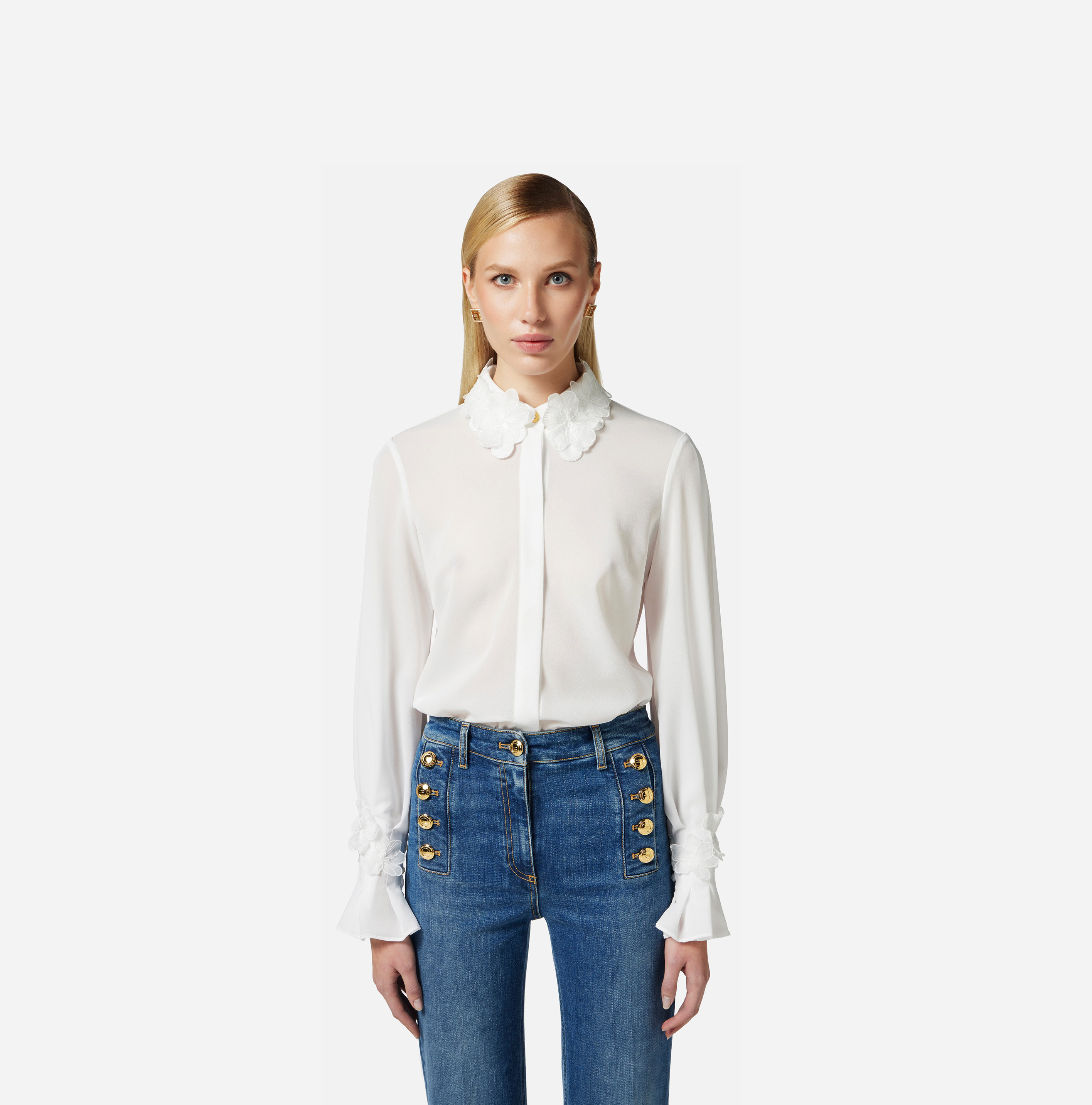 Tシャツ・カットソー ELISABETTA FRANCHI Georgette shirt with floral embroidery CA05451E2 Elisabetta Franchi Georgette Shirt With Lettering