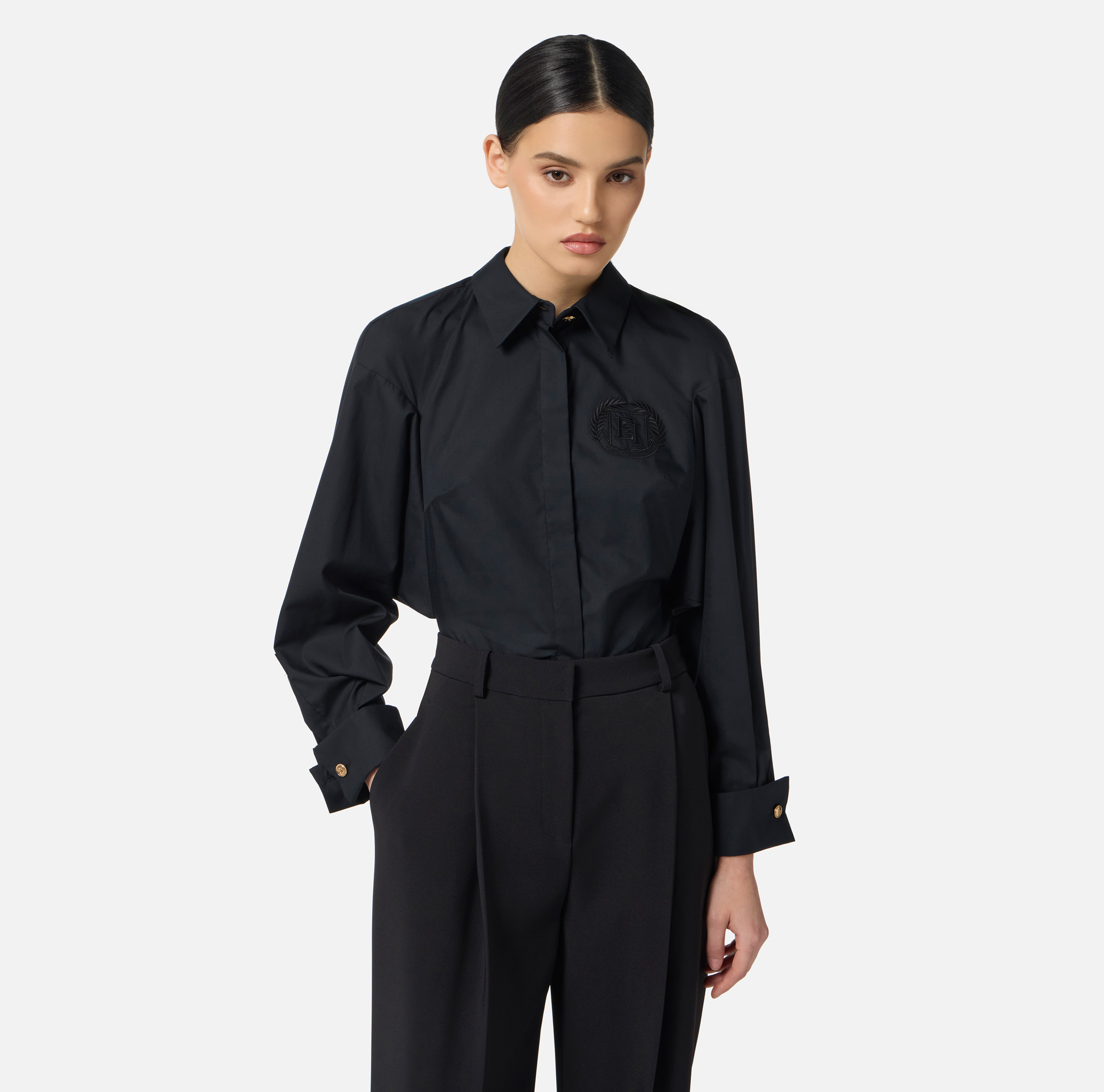 Cotton poplin shirt with ruffle and logo badge | Elisabetta Franchi