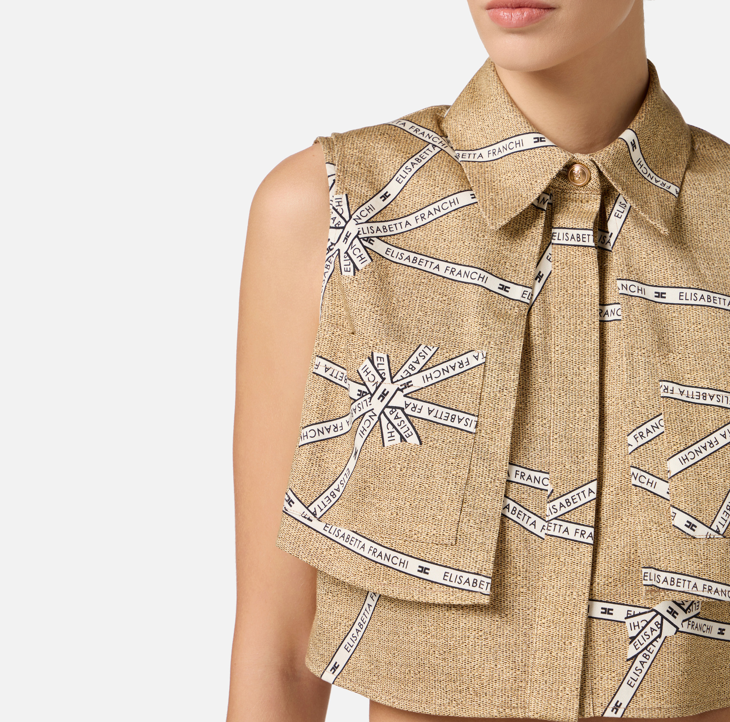 Cotton shirt with raffia print and ribbon | Elisabetta Franchi