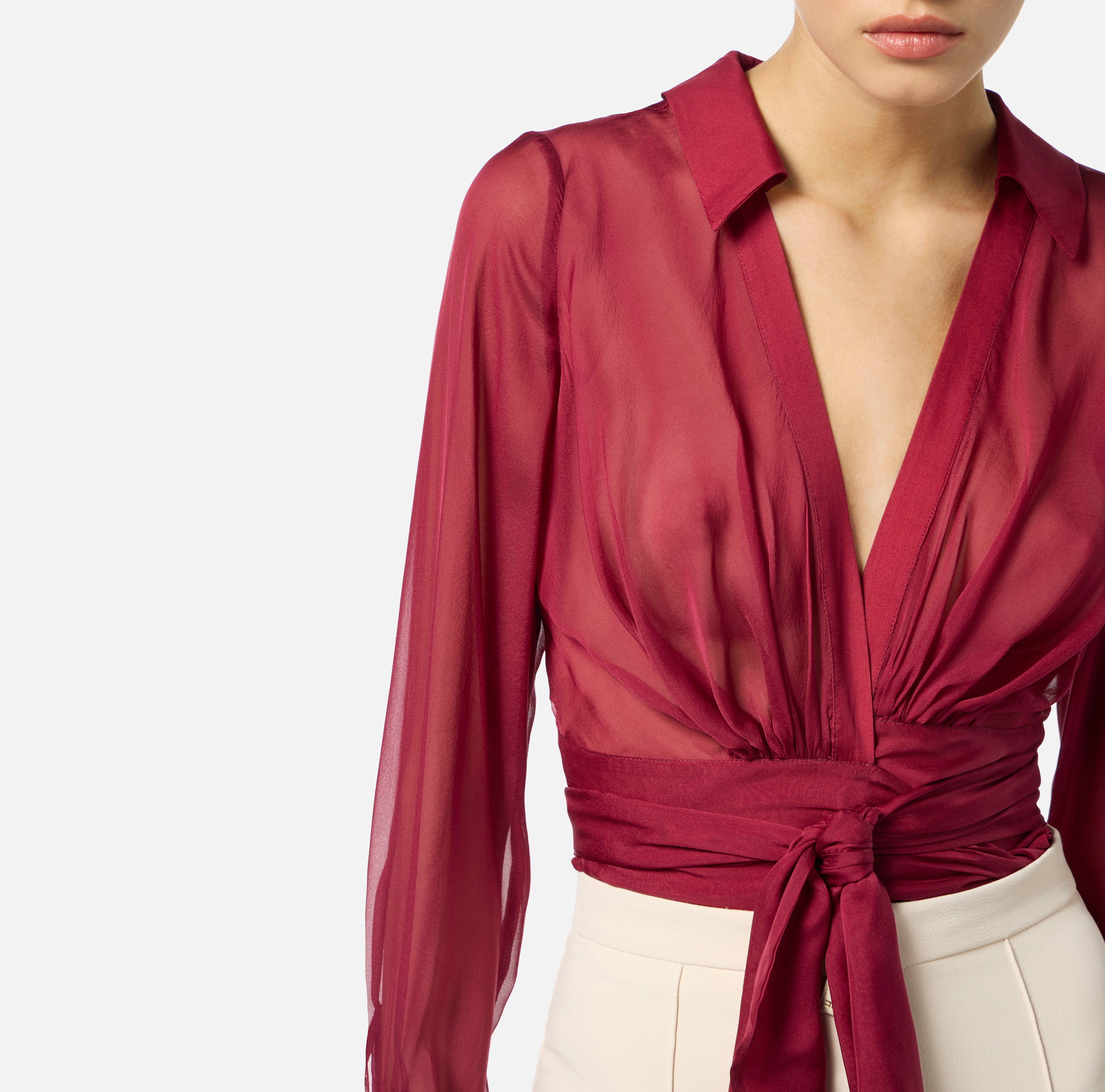 Blouse in voile fabric with sash | Elisabetta Franchi Blouse in voile fabric with sash | Elisabetta Franchi