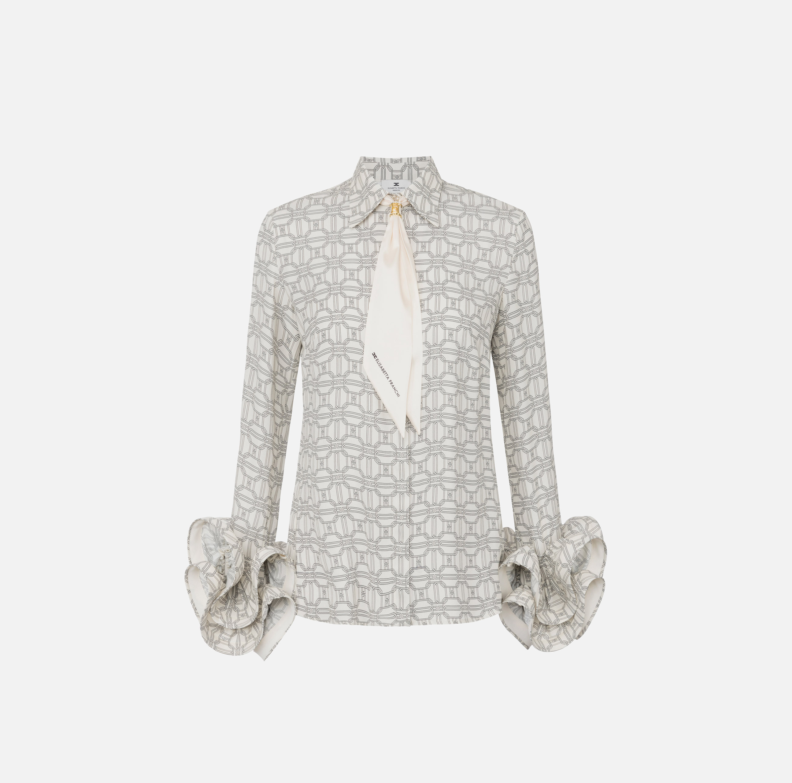 Blouse in printed georgette fabric with ruffles and foulard
