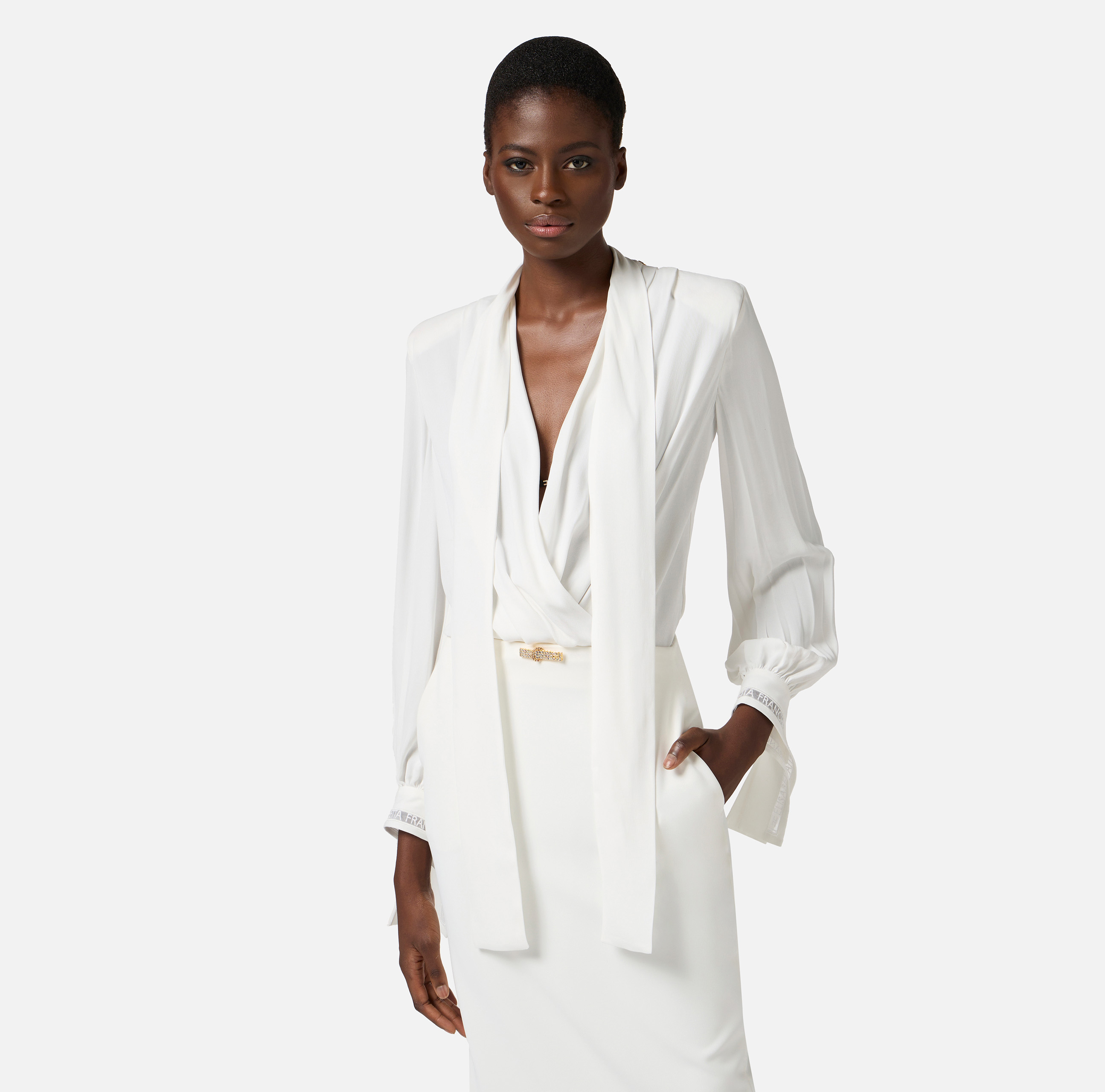 Tie-neck bodysuit-style blouse in georgette fabric with