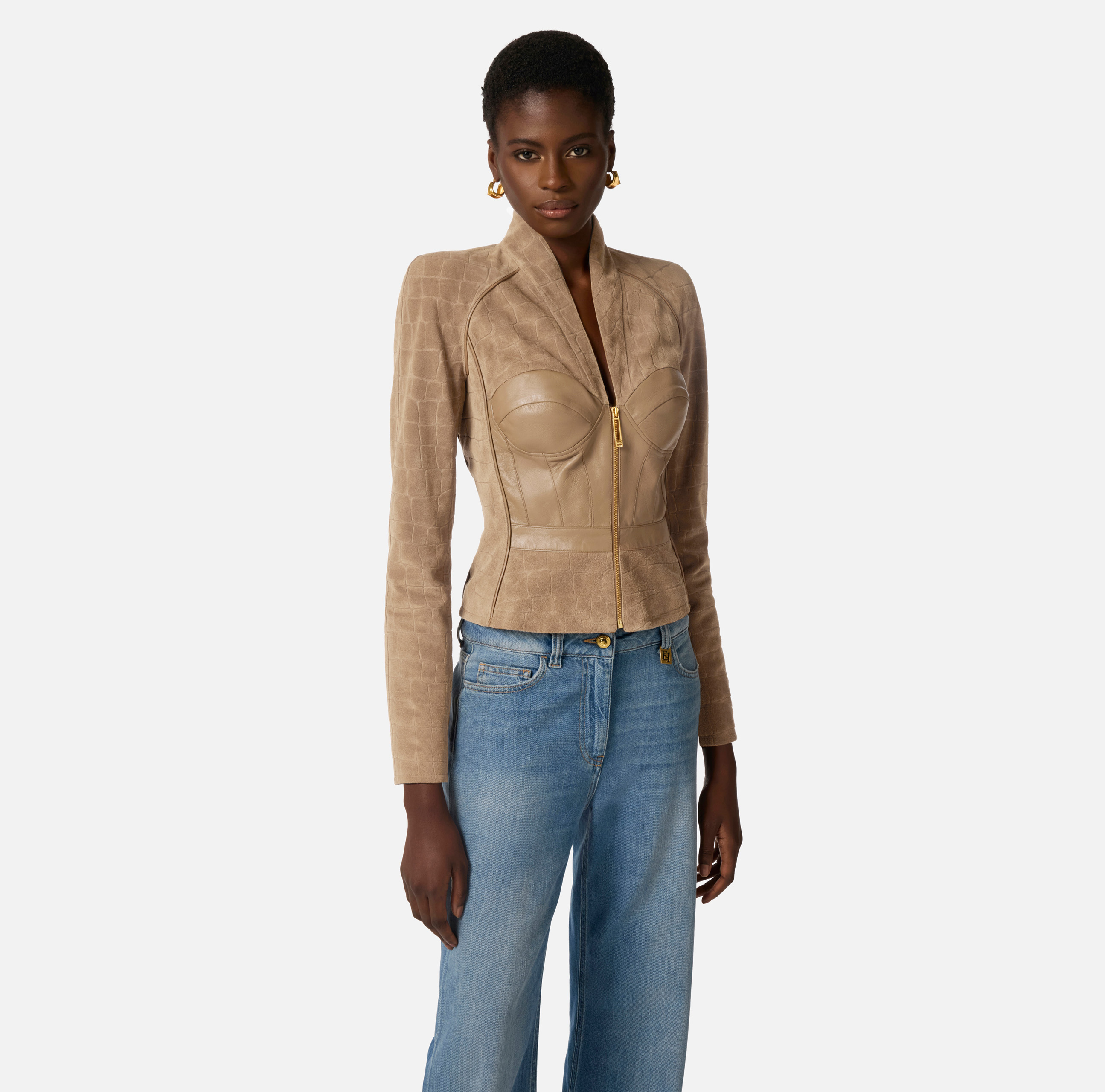 Bustier jacket in suede fabric with alligator print | Elisabetta