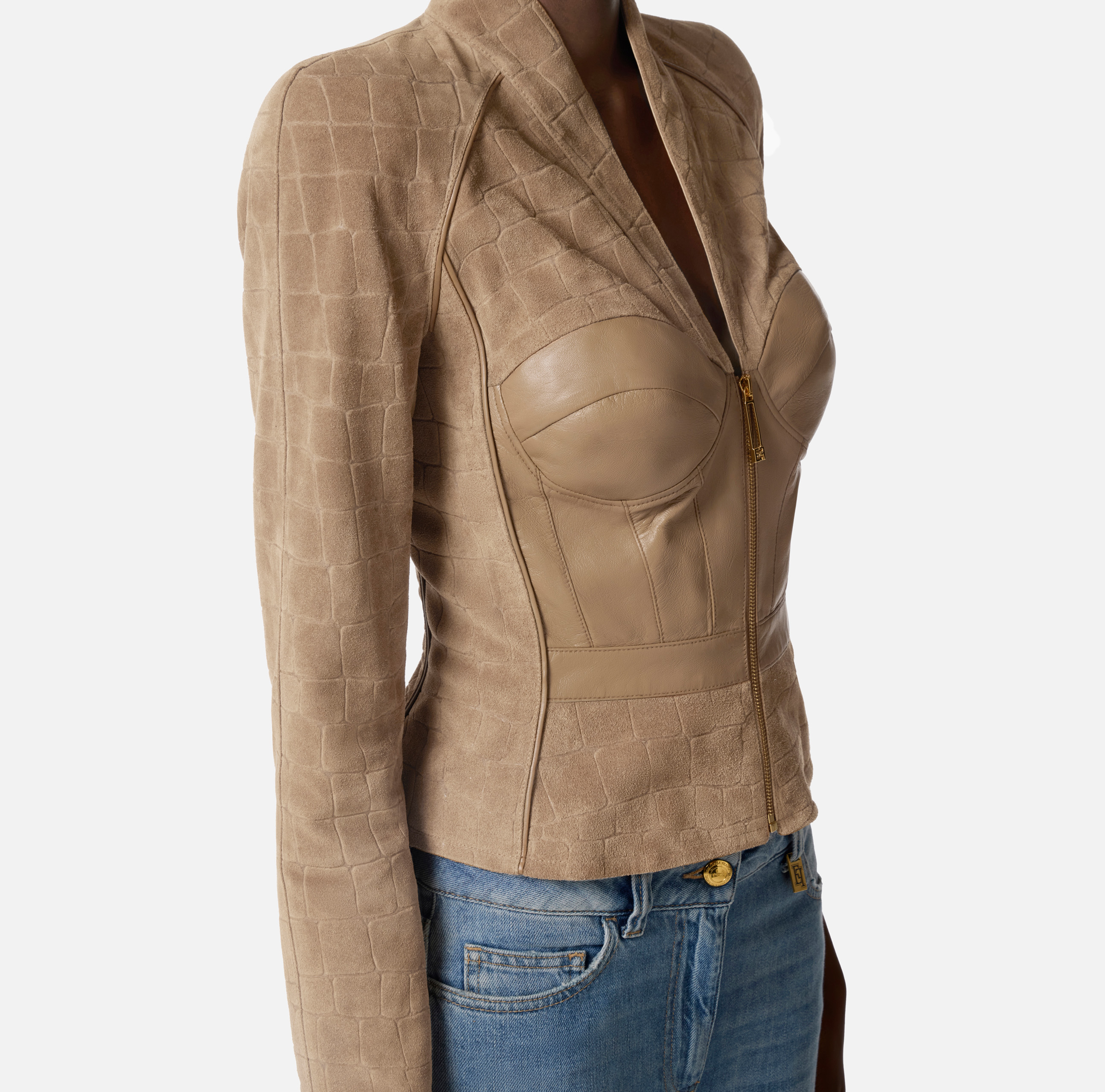 Bustier jacket in suede fabric with alligator print | Elisabetta