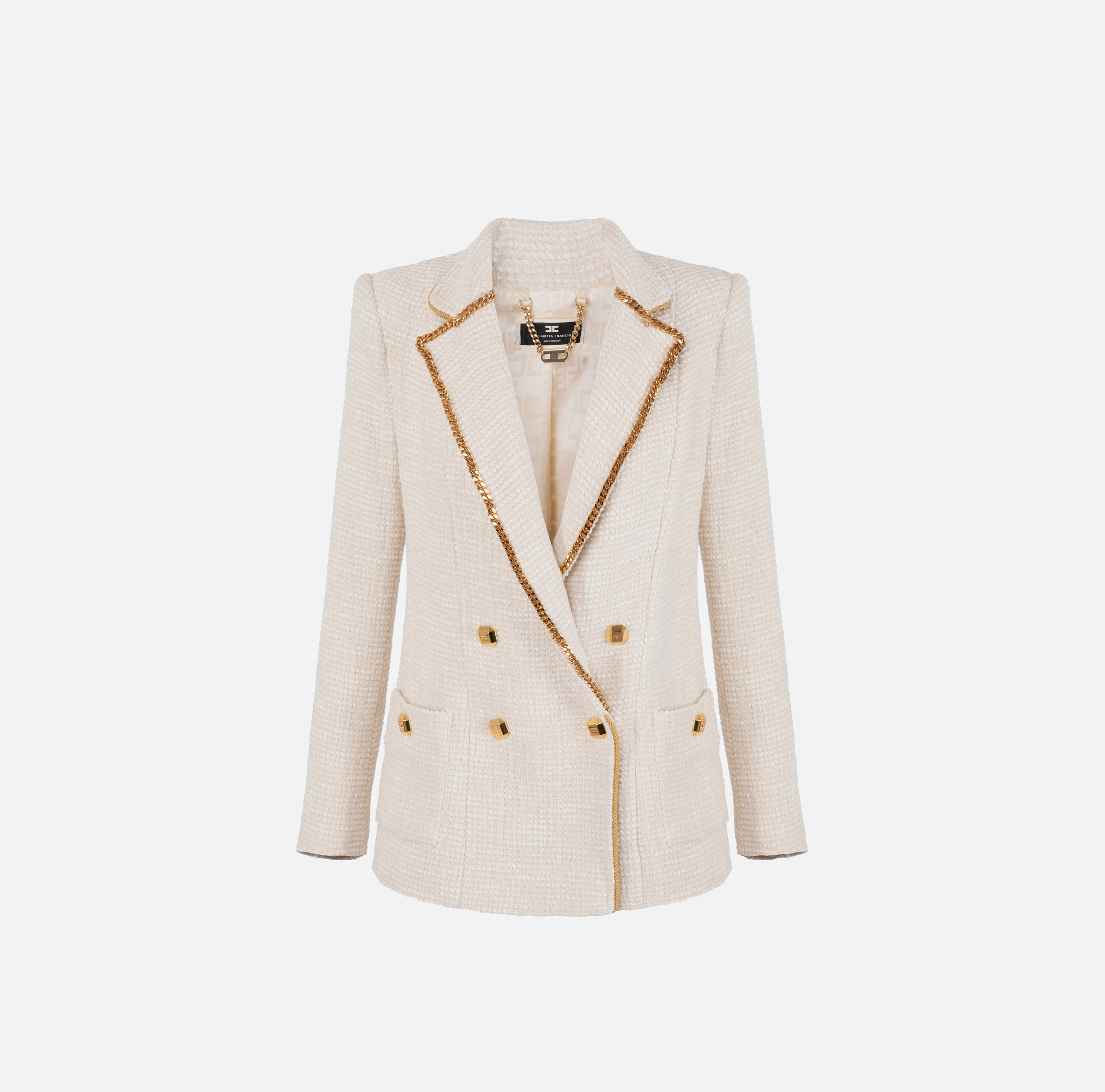 Elisabetta Franchi Double-Breasted Tweed Jacket with Chain