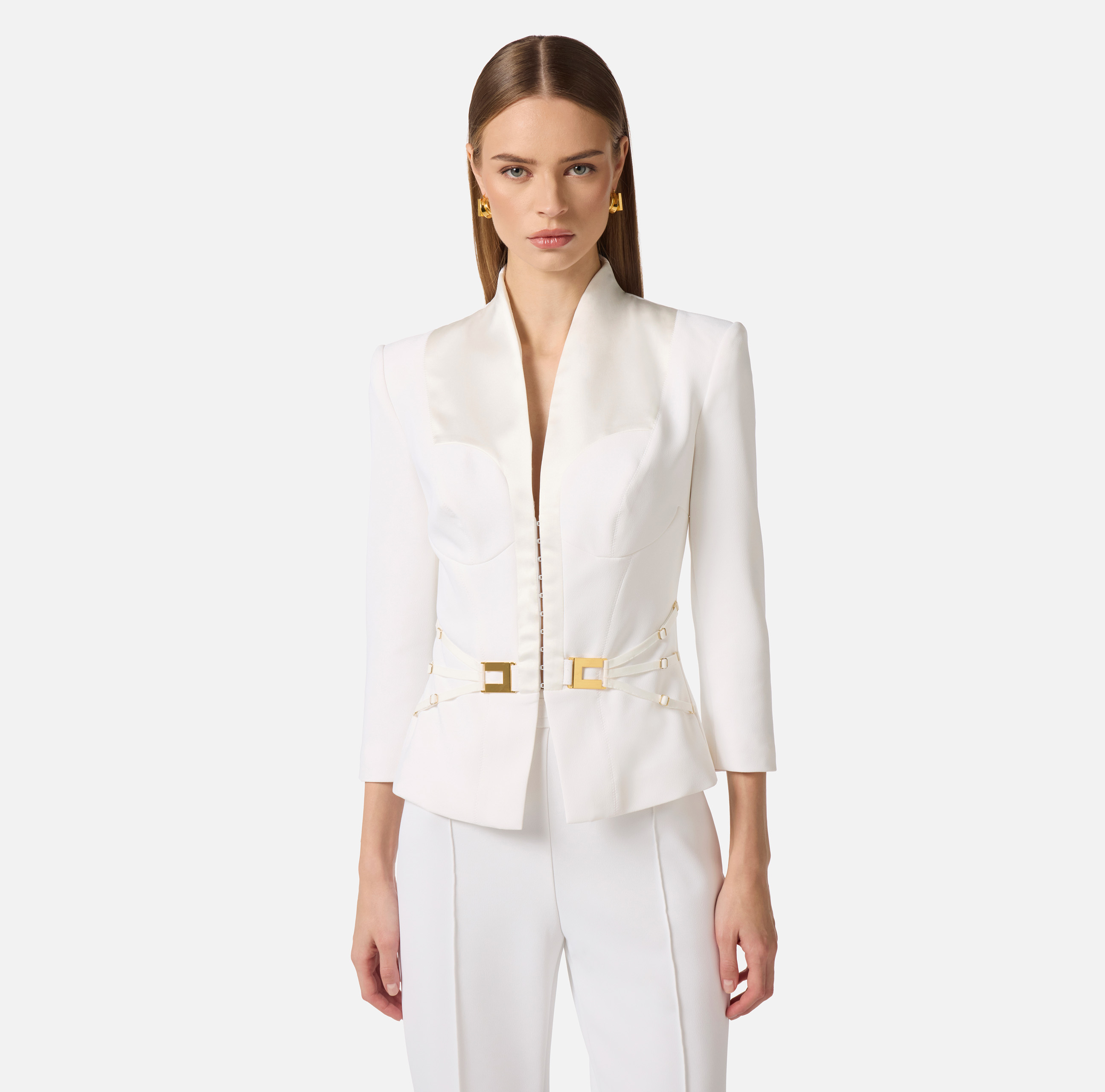 ELISABETTA FRANCHI　エリザベッタフランキ　ジャケット　白　XS　ハンガー付き Jacket in double layer crêpe and satin fabrics | Elisabetta Franchi