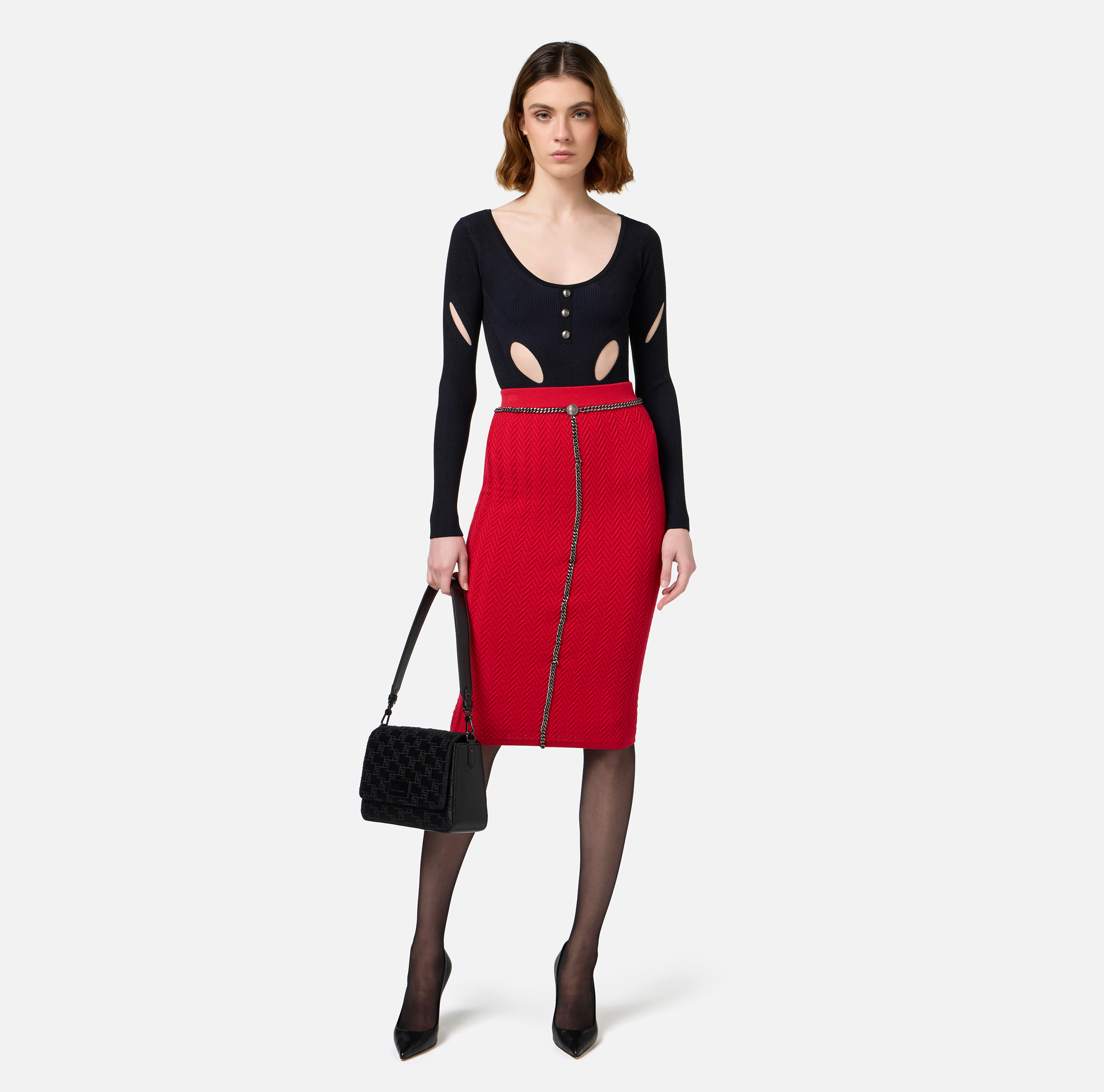 スカート ELISABETTA FRANCHI Women Skirts GK05B47E2CG5 RED Viscose midi skirt with chain | Elisabetta Franchi
