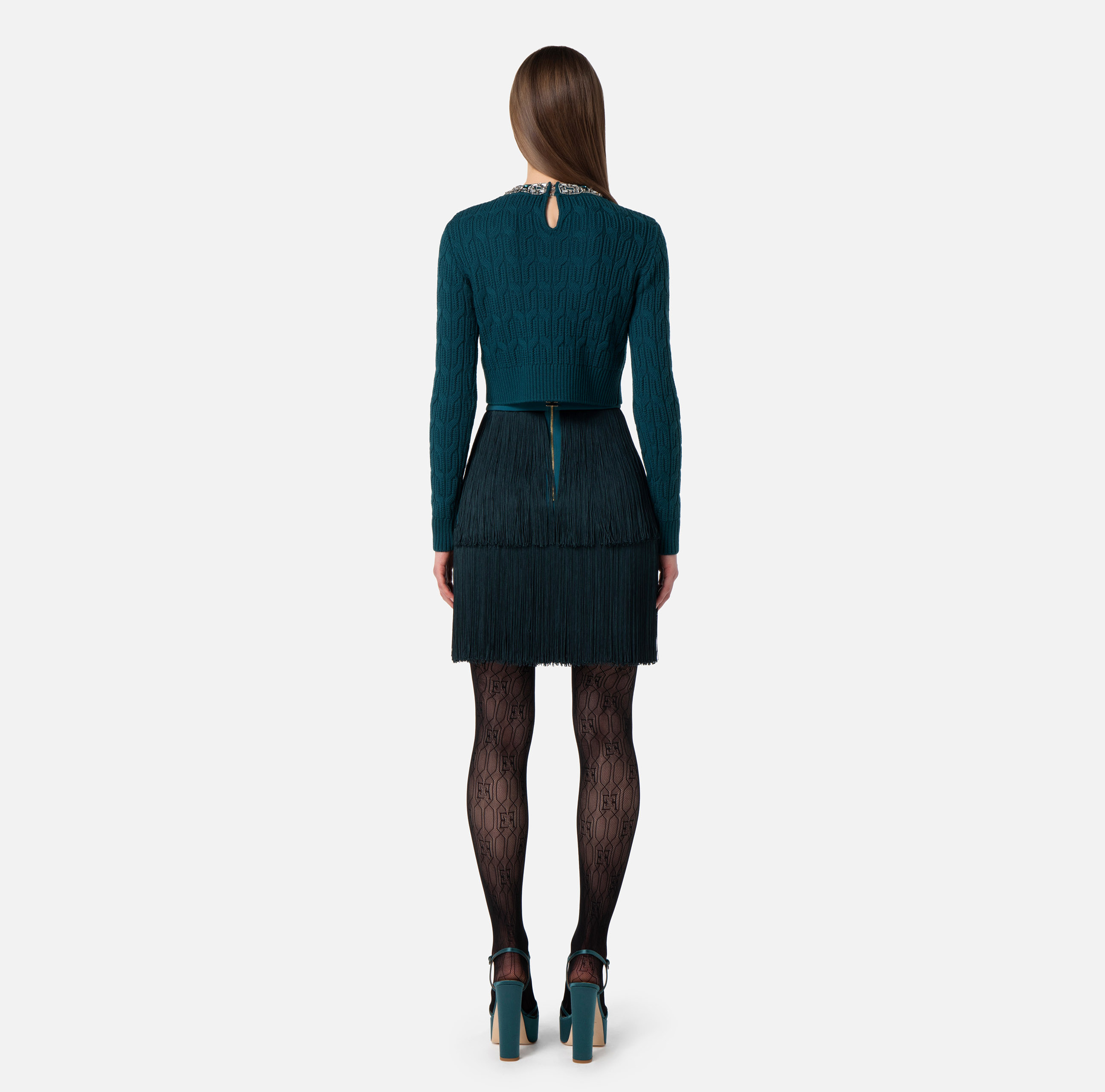 Double cr pe miniskirt with fringes Elisabetta Franchi