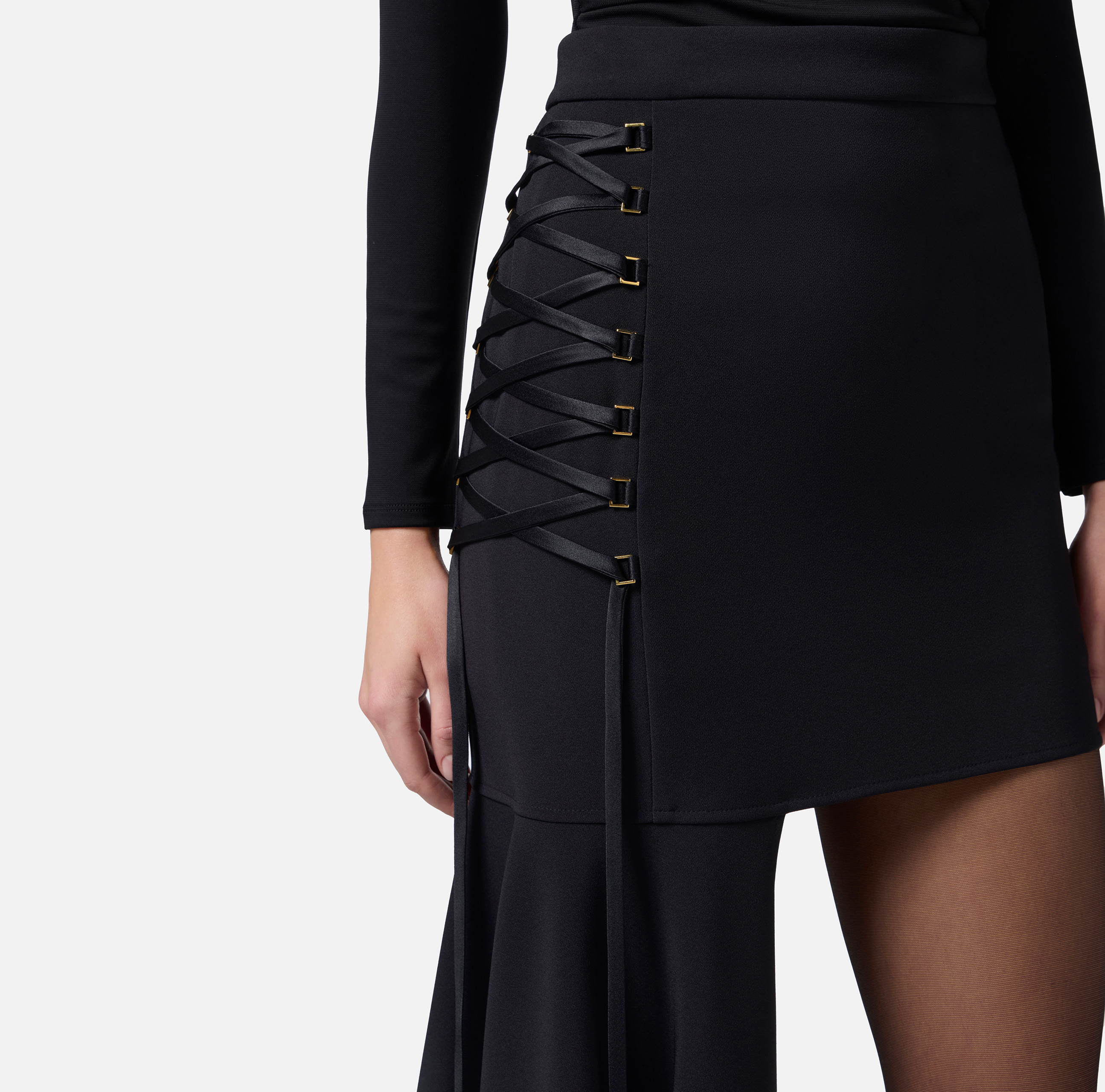 ワンピース ELISABETTA FRANCHI Women Short Skirts GO07351E2110 Black Crêpe asymmetric miniskirt with criss-cross laces