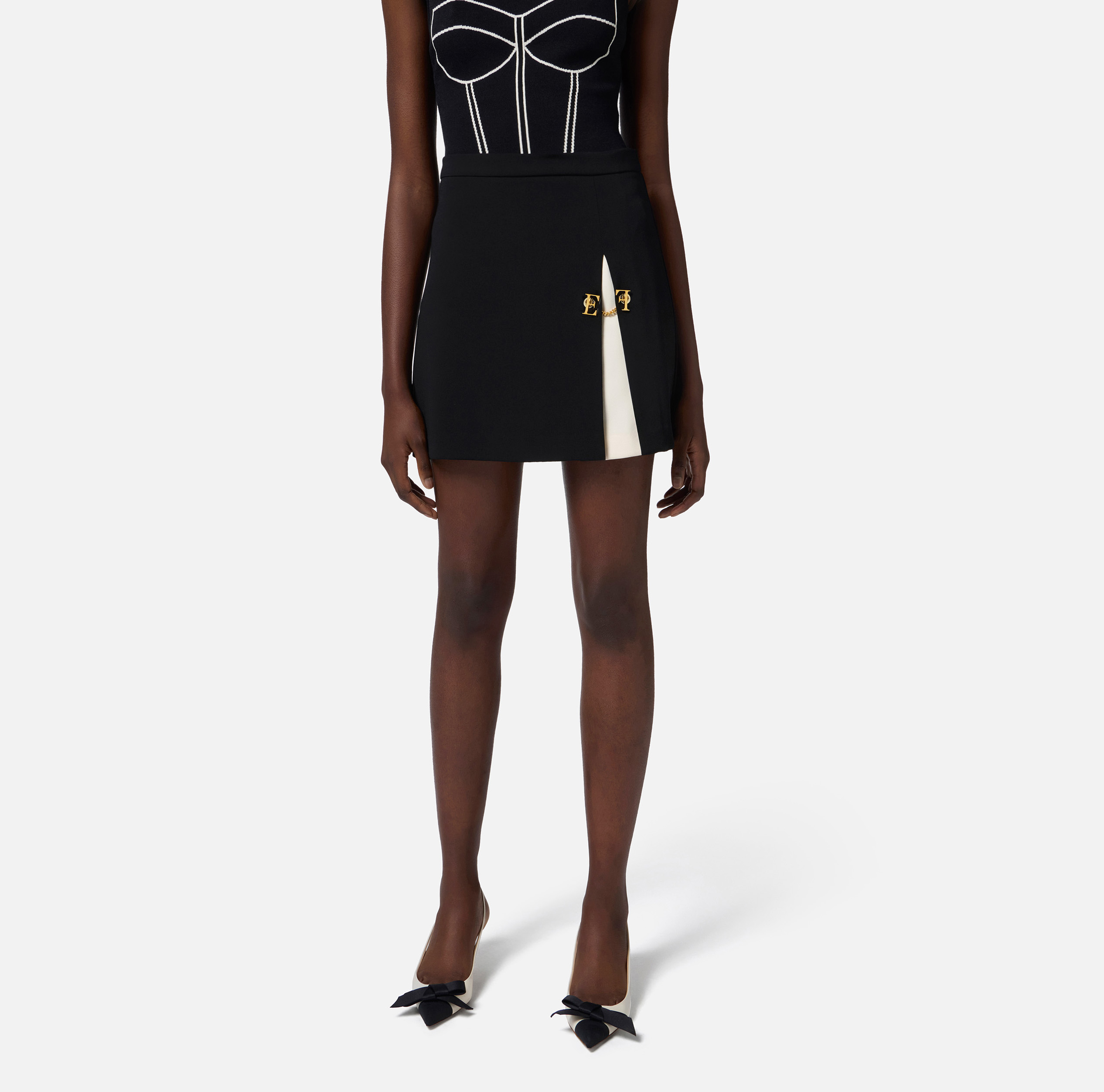 【ELISABETTA FRANCHI】ジョーゼット&刺繍 イブニングドレス2色 Miniskirt in two-tone crêpe fabric | Elisabetta Franchi
