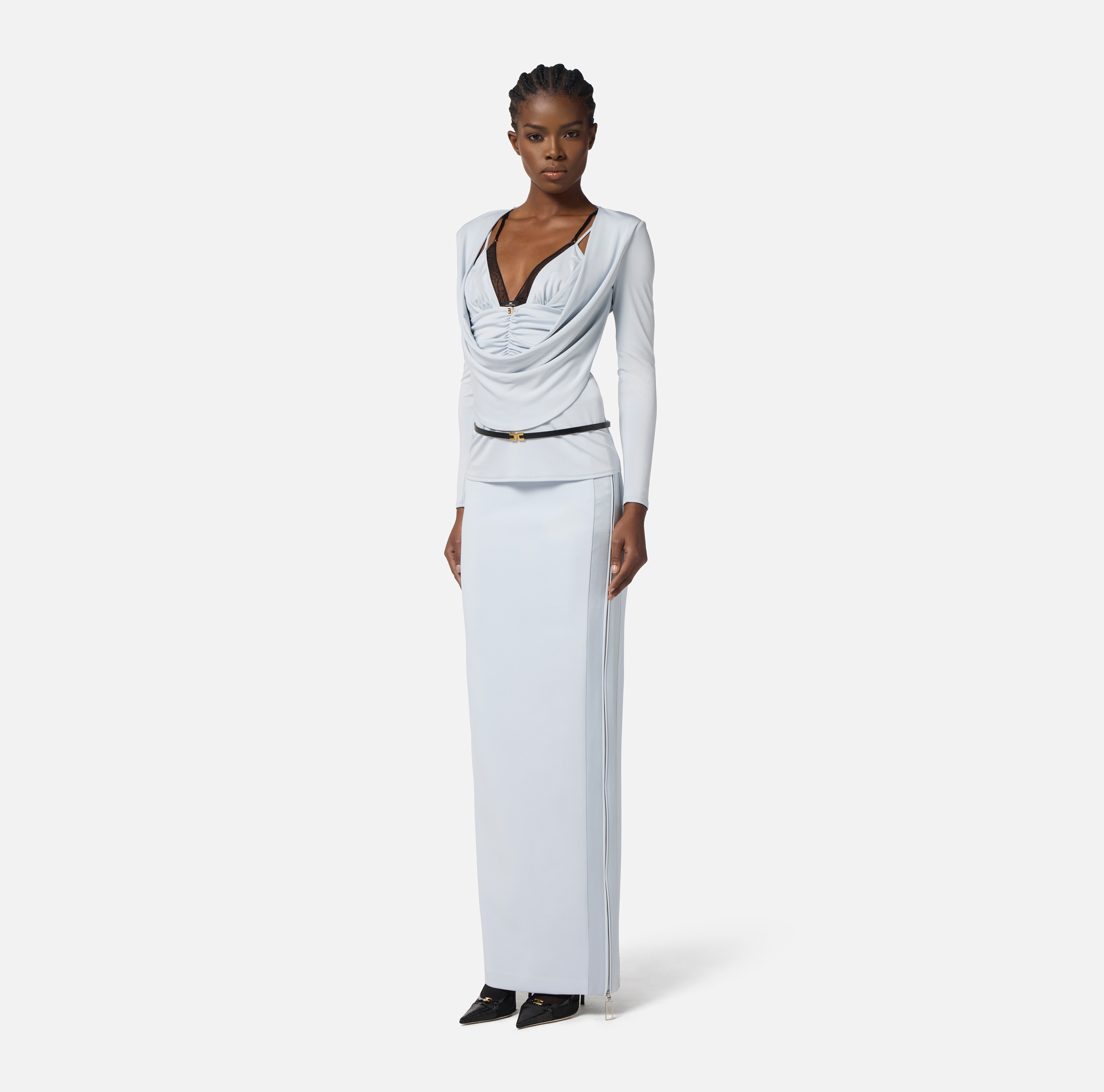 スカート ELISABETTA FRANCHI DOUBLE CREPE SKIRT WITH TUXEDO DETAILS Skirt in lightweight crêpe fabric with tuxedo details