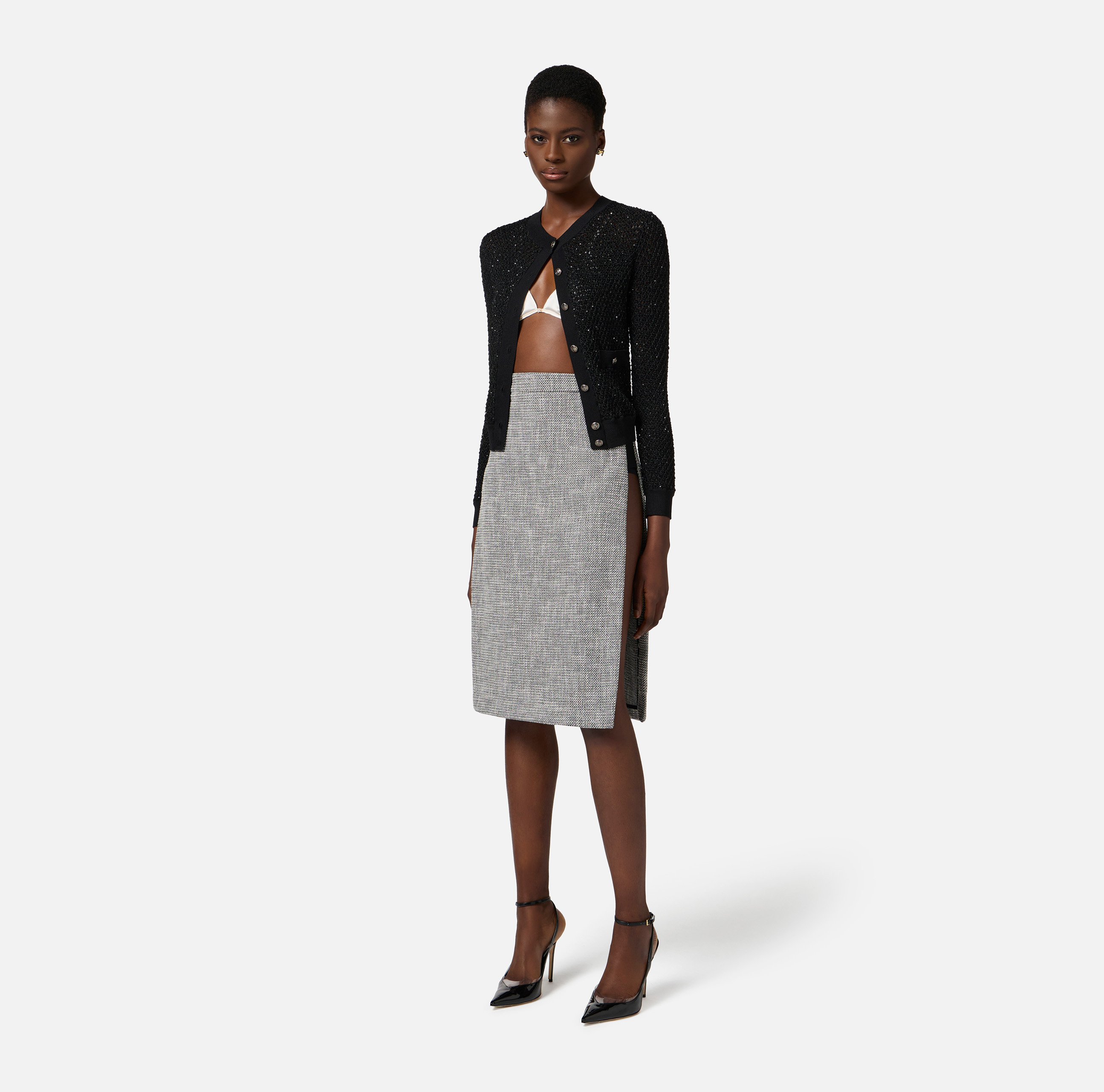 スカート ELISABETTA FRANCHI DOUBLE CREPE SKIRT WITH TUXEDO DETAILS Skirt in lightweight double-layer crêpe fabric with jewel